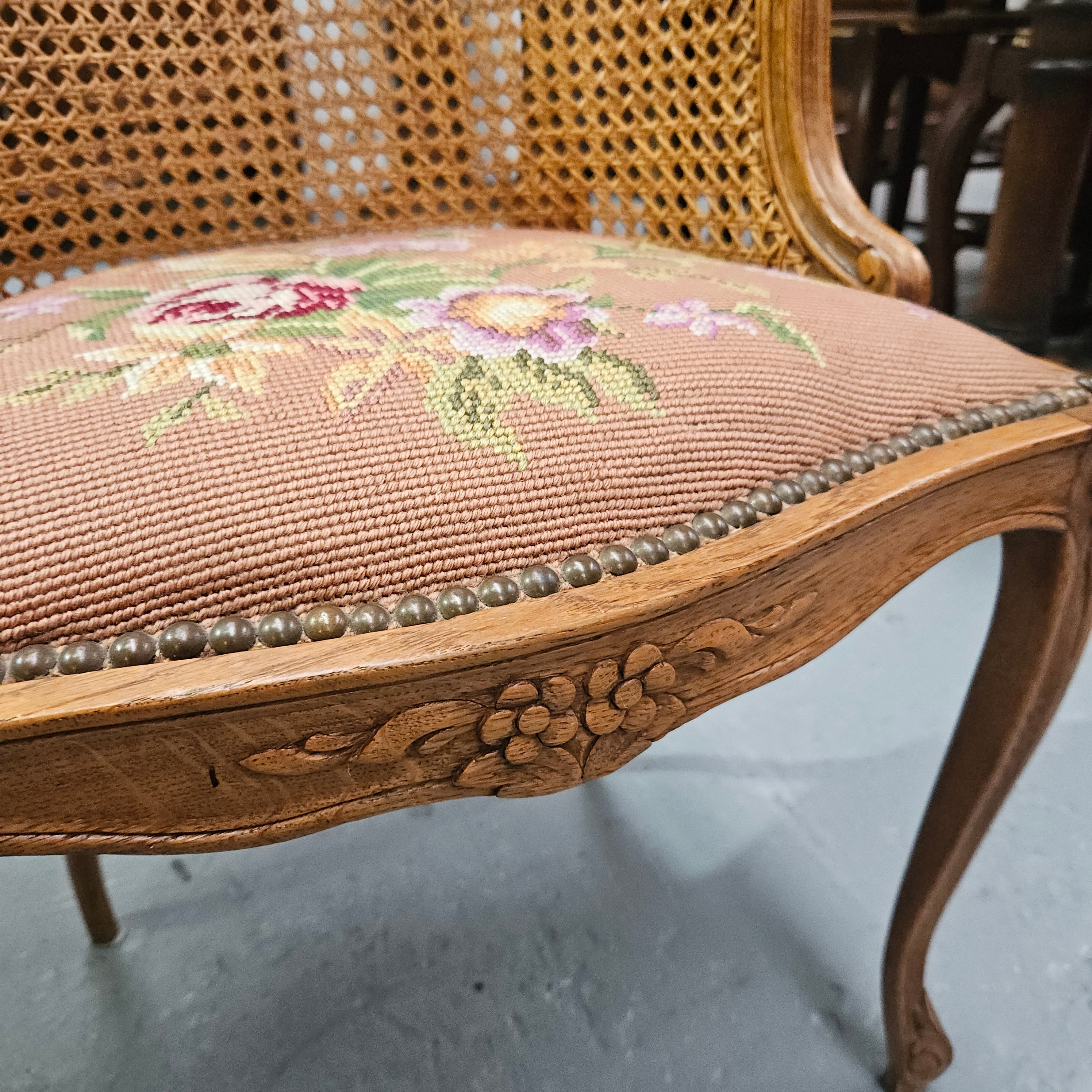 French Oak Louis XV Style Tapestry Upholstered Fauteuil
