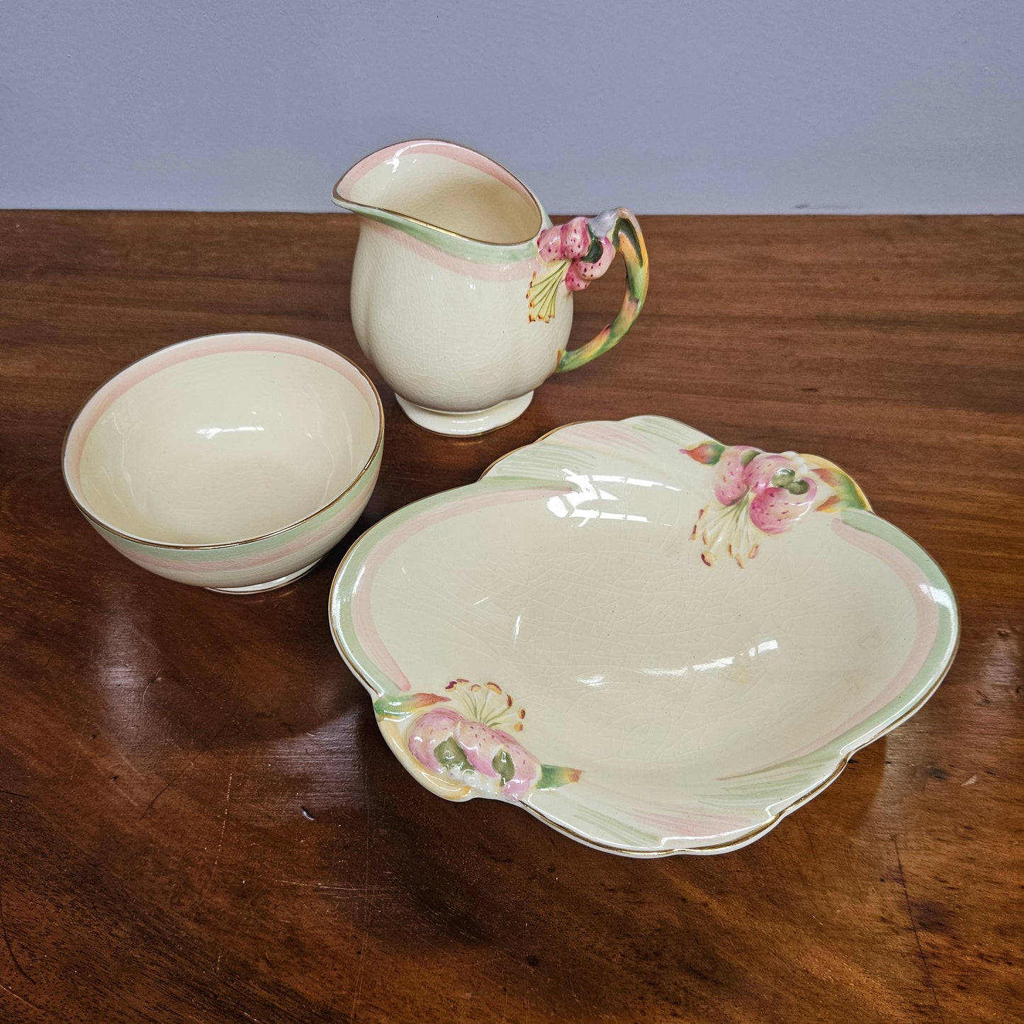 Royal Winton "Tiger Lily" Milk Jug, Sugar Bowl & Dish