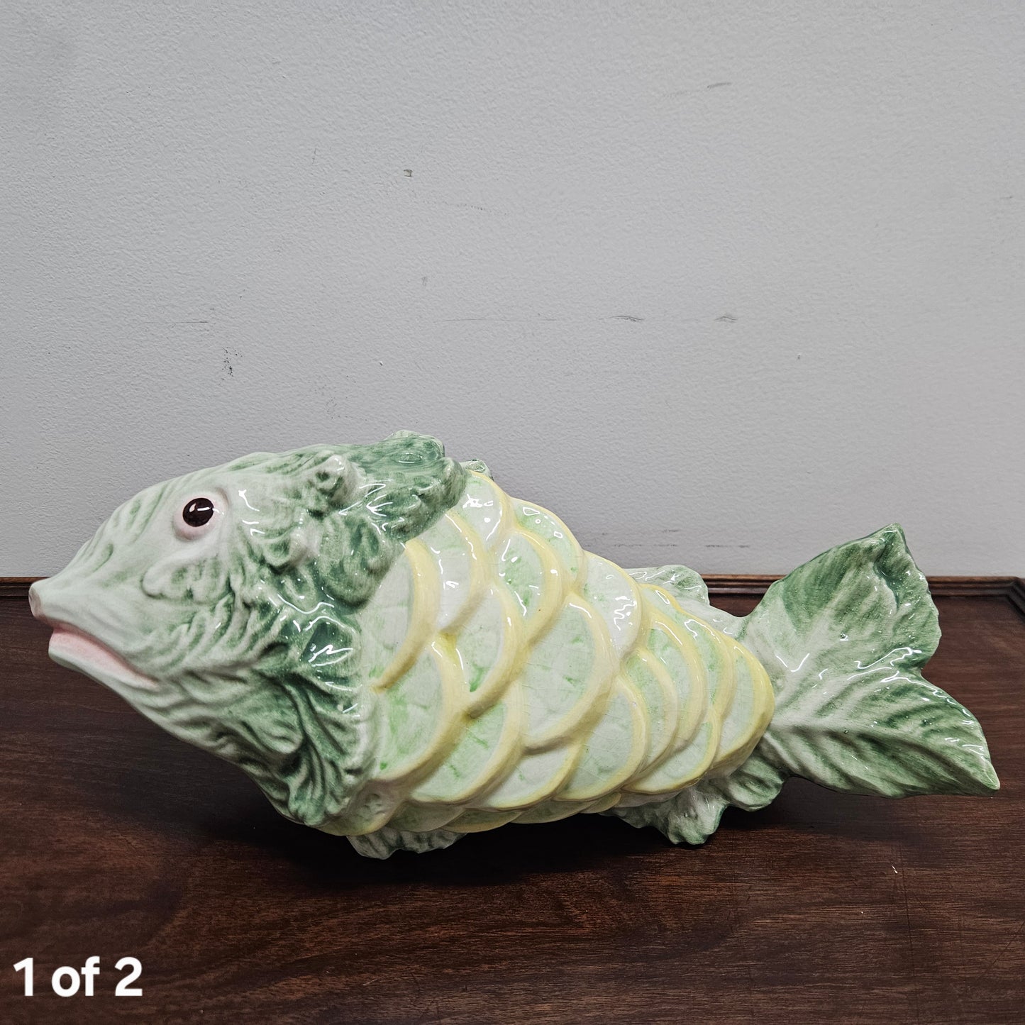 Vintage Italian Hand painted Majolica Fish Covered Dish