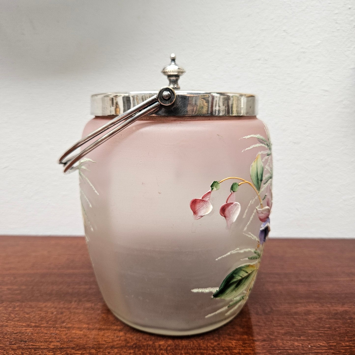 Edwardian Glass Enamel Decorated Biscuit Barrel