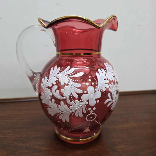 Vintage Ruby & Enamel Painted Glass Jug
