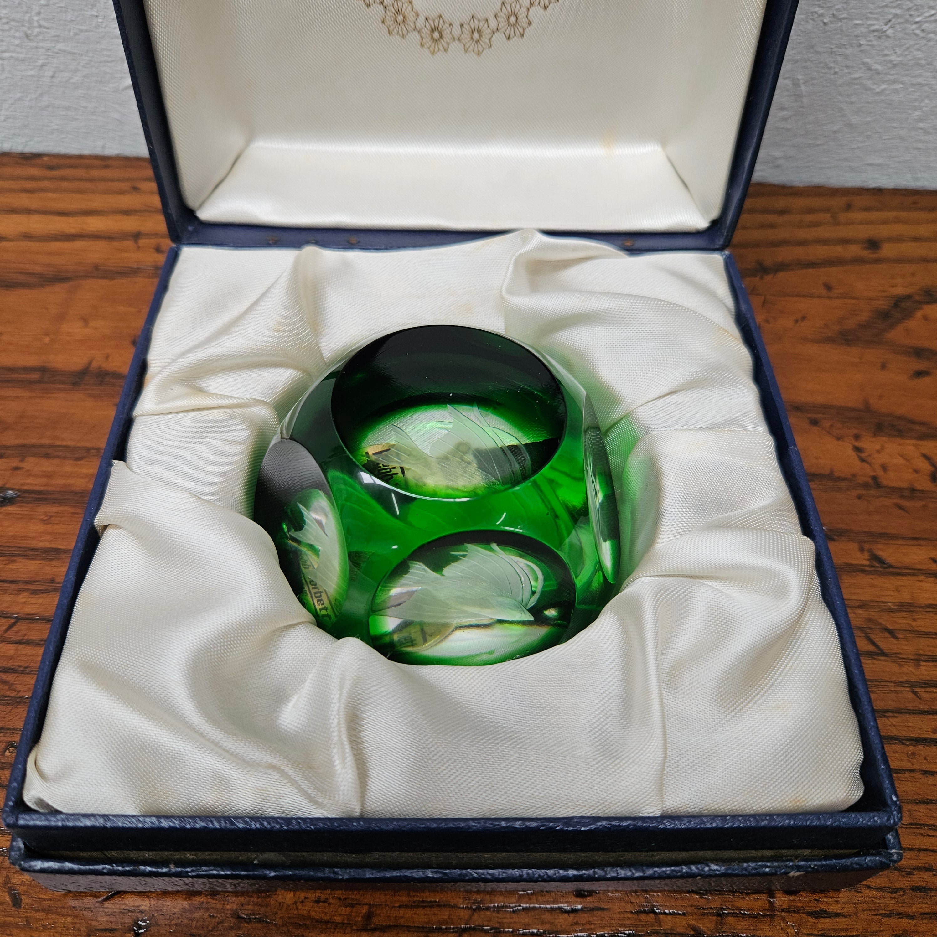 Webb Corbett crystal and green crystal paperweight with intaglio fish on base