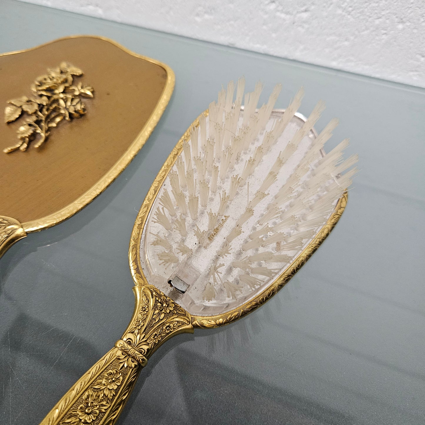 Gilt Brass Brush Mirror & Comb Set