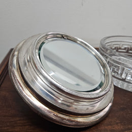 Unusual Victorian Vanity Glass Container with "Greek Key Pattern to Base" with a Silver Lid & Internal Mirror