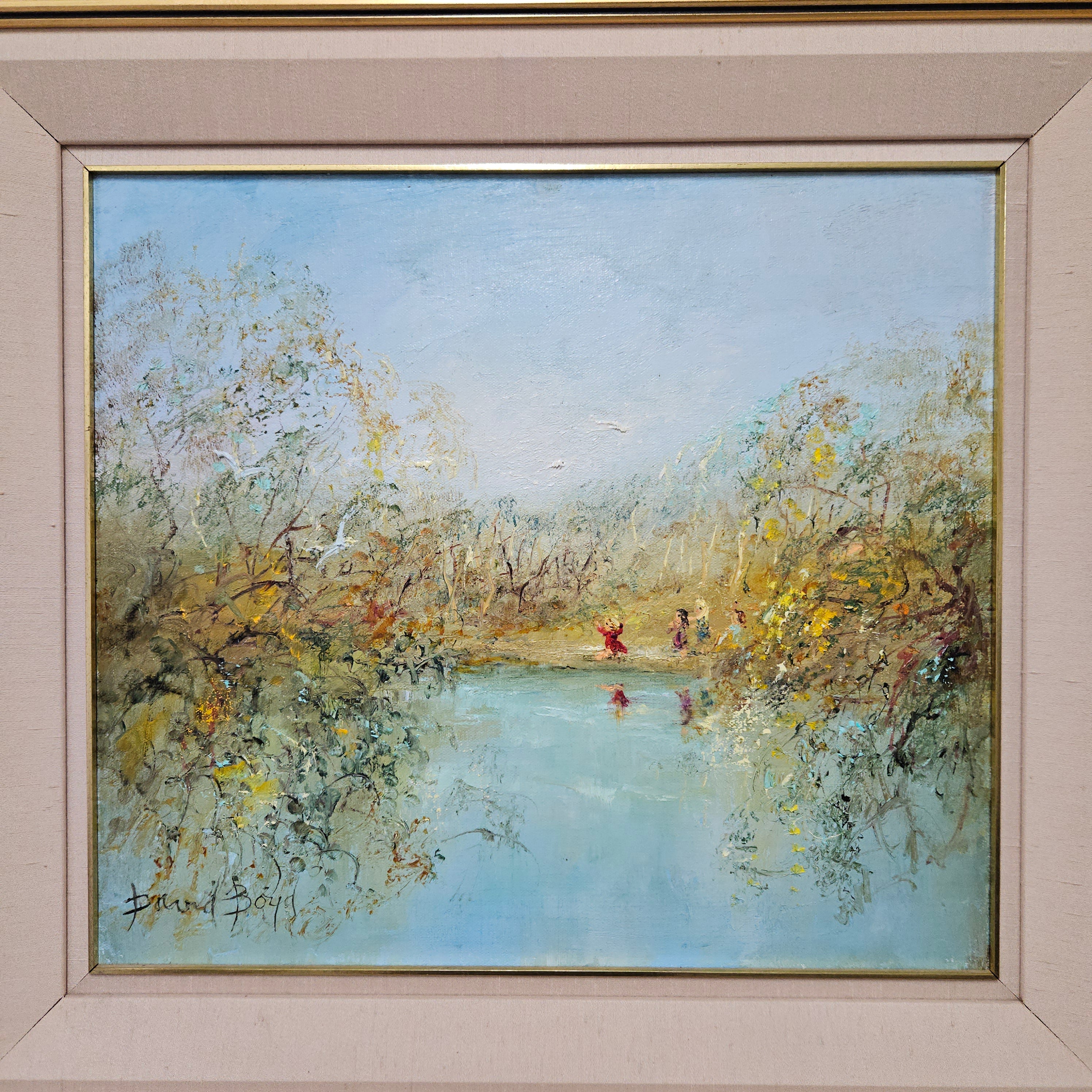 David Boyd Oil on Canvas "Children playing by the River with Birds" | Antique & Vintage | Moonee Ponds Antiques | Australia Wide Delivery
