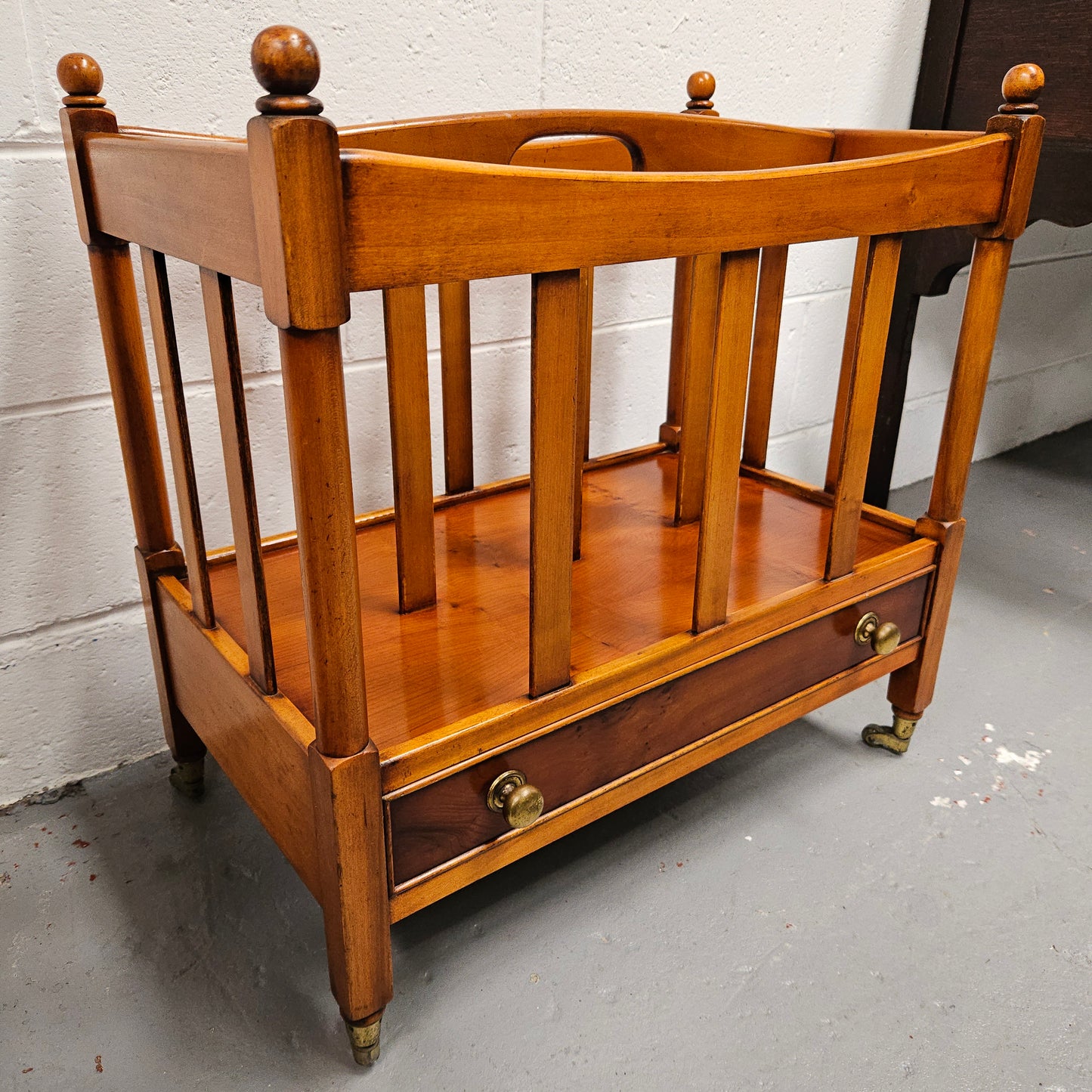 Vintage English Yew Canterbury Newspaper Stand on Brass Wheels