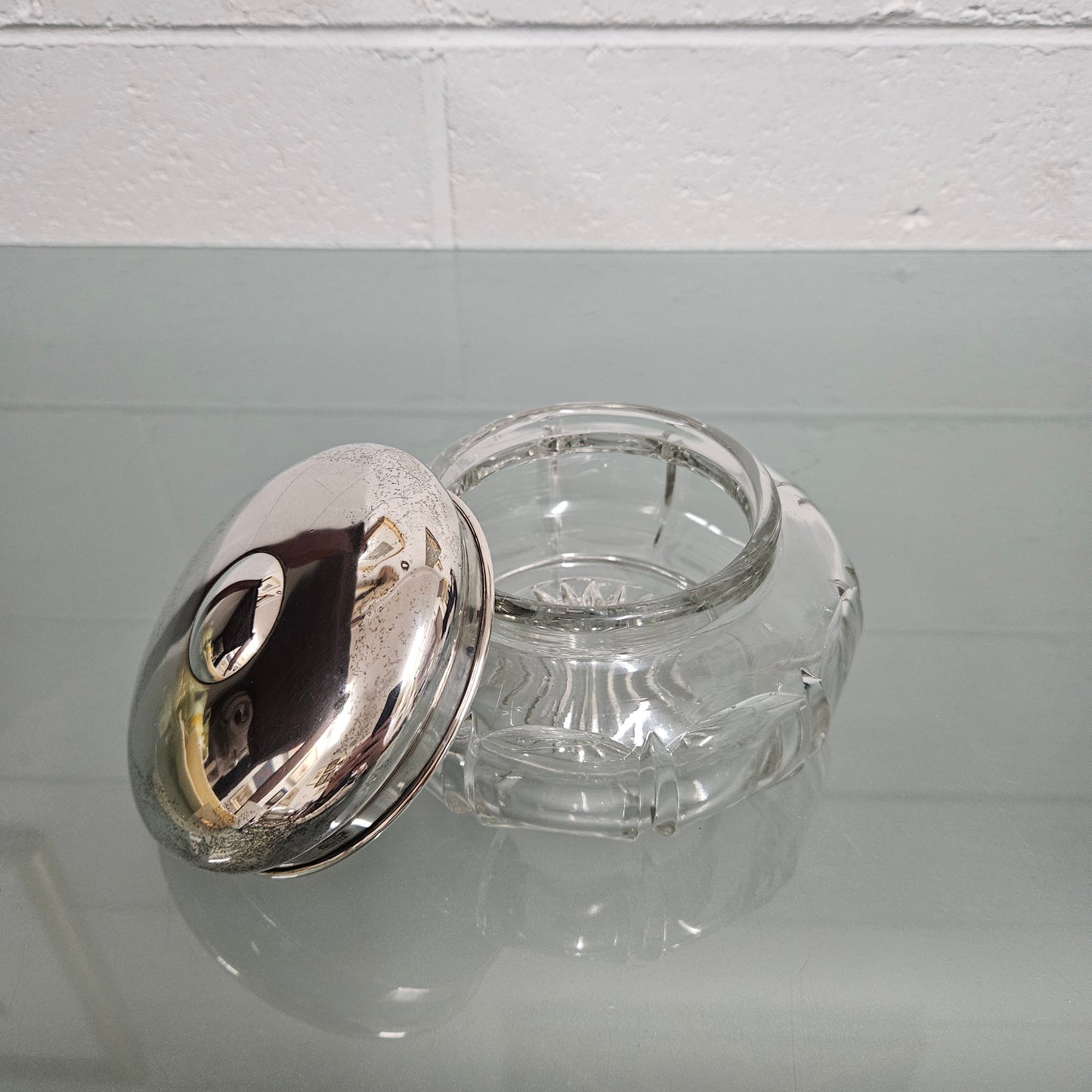 Antique Cut Glass & Sterling Silver Lid Dressing Table Bowl