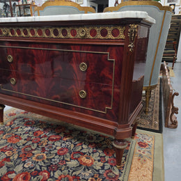 French Louis XVI Style Flame Mahogany Marble Top Commode