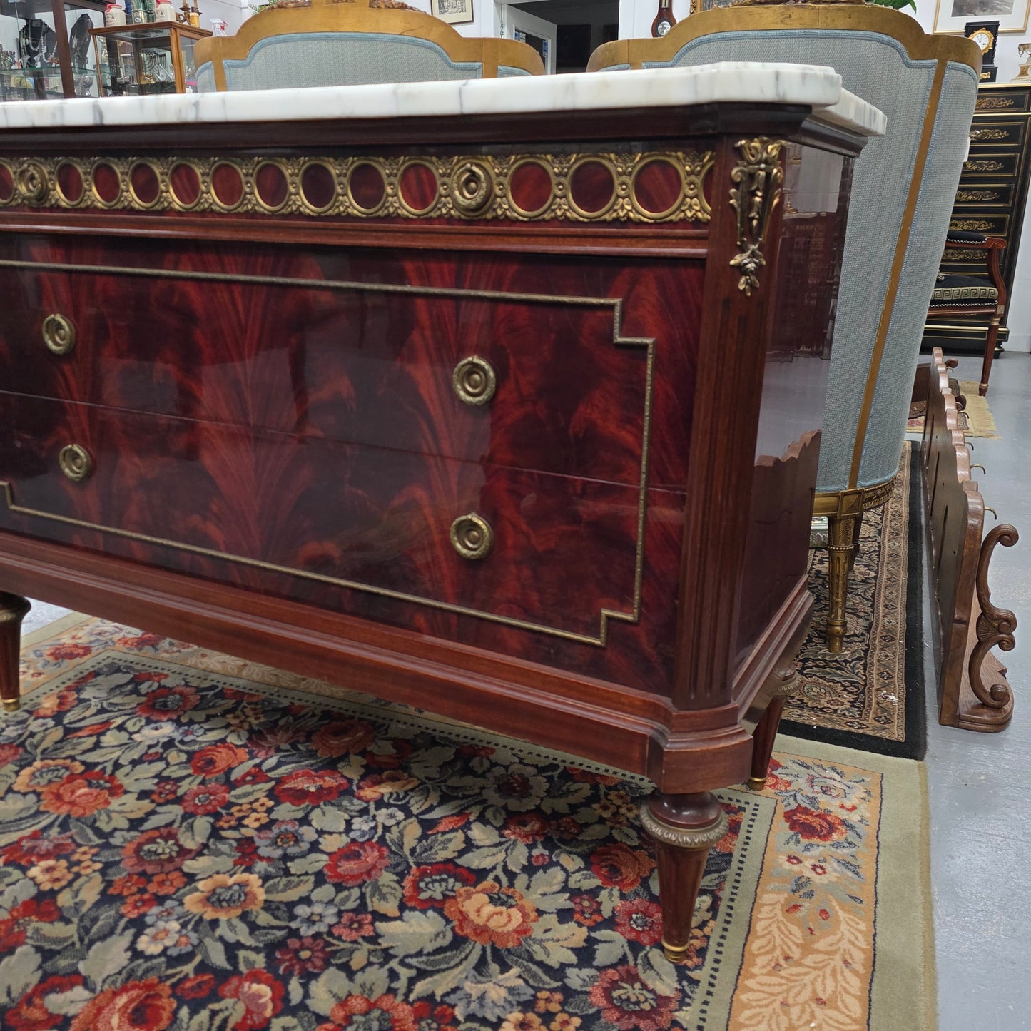 French Louis XVI Style Flame Mahogany Marble Top Commode