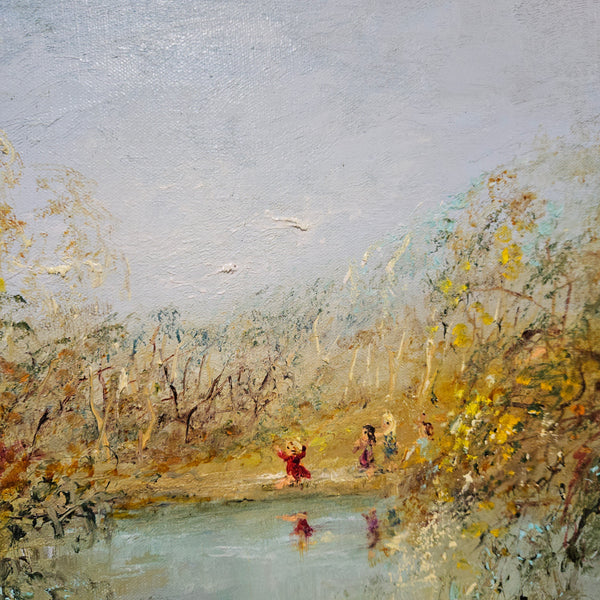 Vibrant David Boyd oil on canvas "Children playing by the River with Birds". In good original detailed condition. Height- 40 cm-Width- 45 cm-