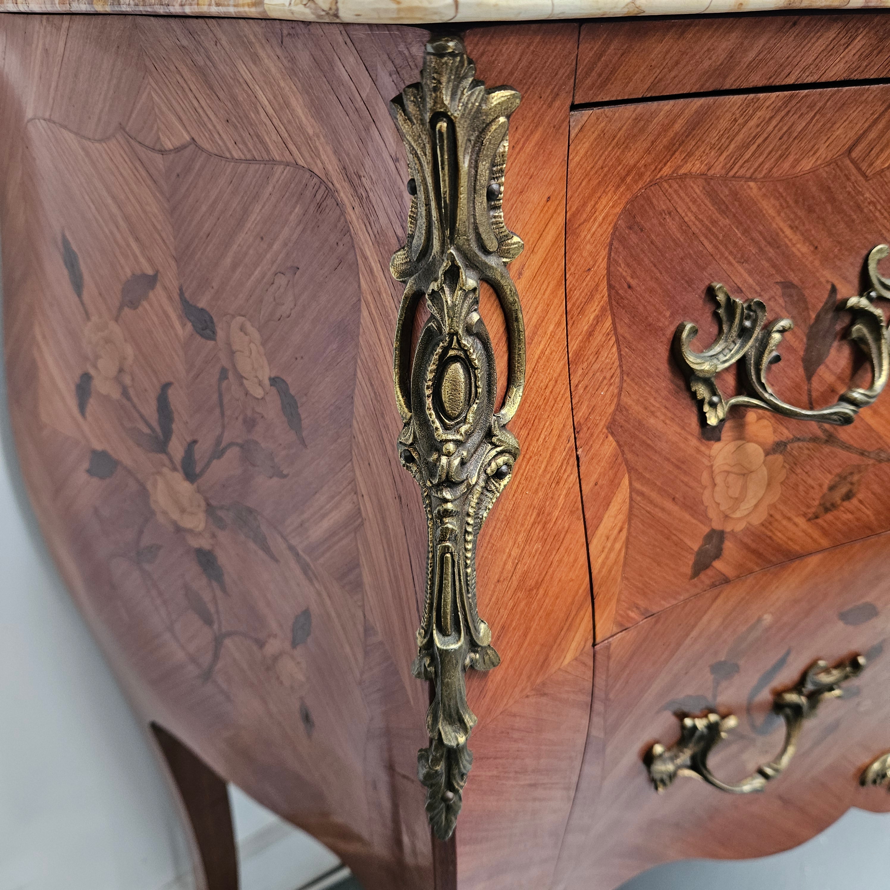 Louis 15th Style Medium Size Marquetry Inlay Marble Top Commode. | Antique & Vintage | Moonee Ponds Antiques | Australia Wide Delivery