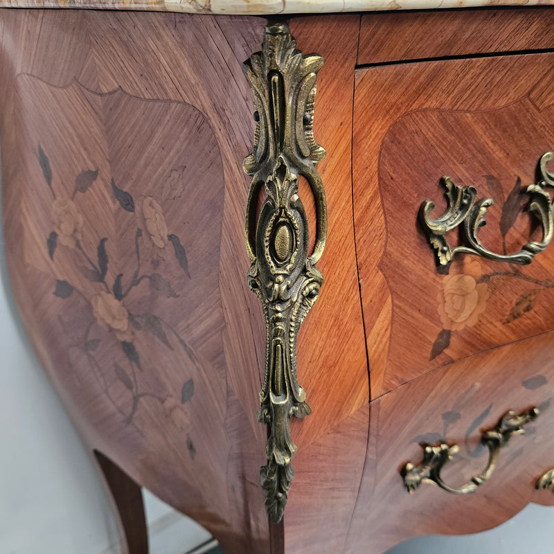 Louis 15th Style Medium Size Marquetry Inlay Marble Top Commode.