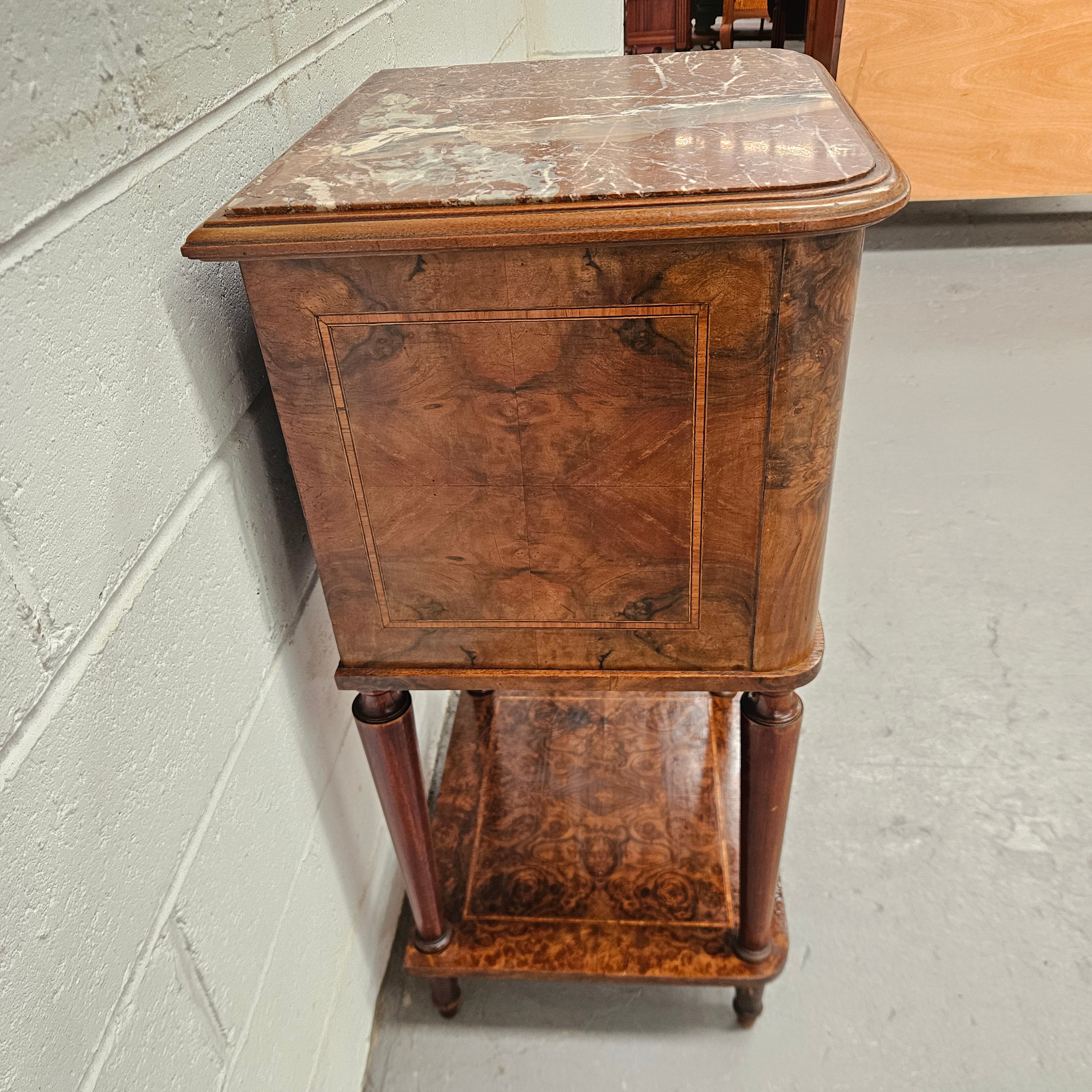 French Figured Walnut Marble Top Bedside | Antique & Vintage | Moonee Ponds Antiques | Australia Wide