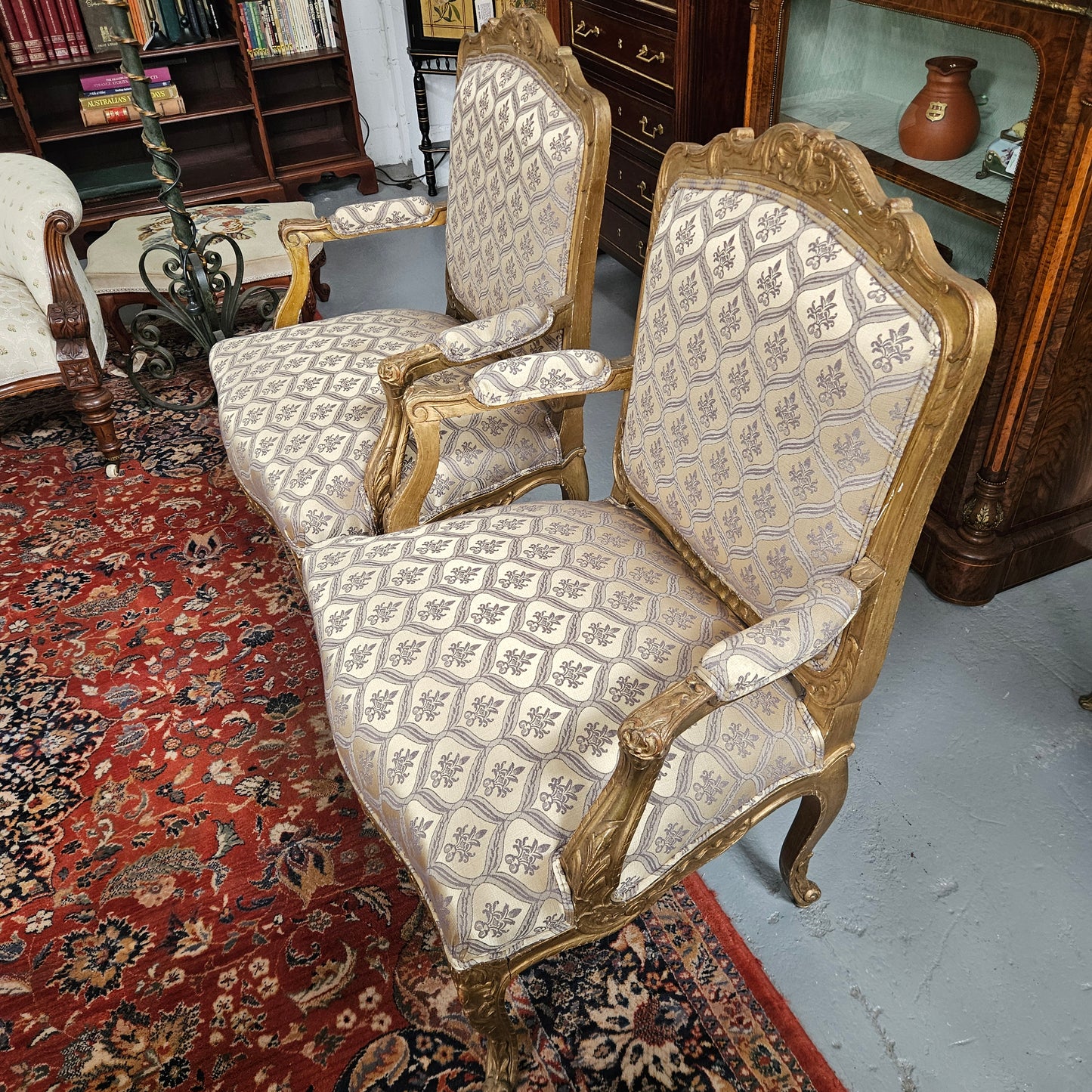 Antique Pair Reupholstered Louis XVth Style Giltwood Armchairs