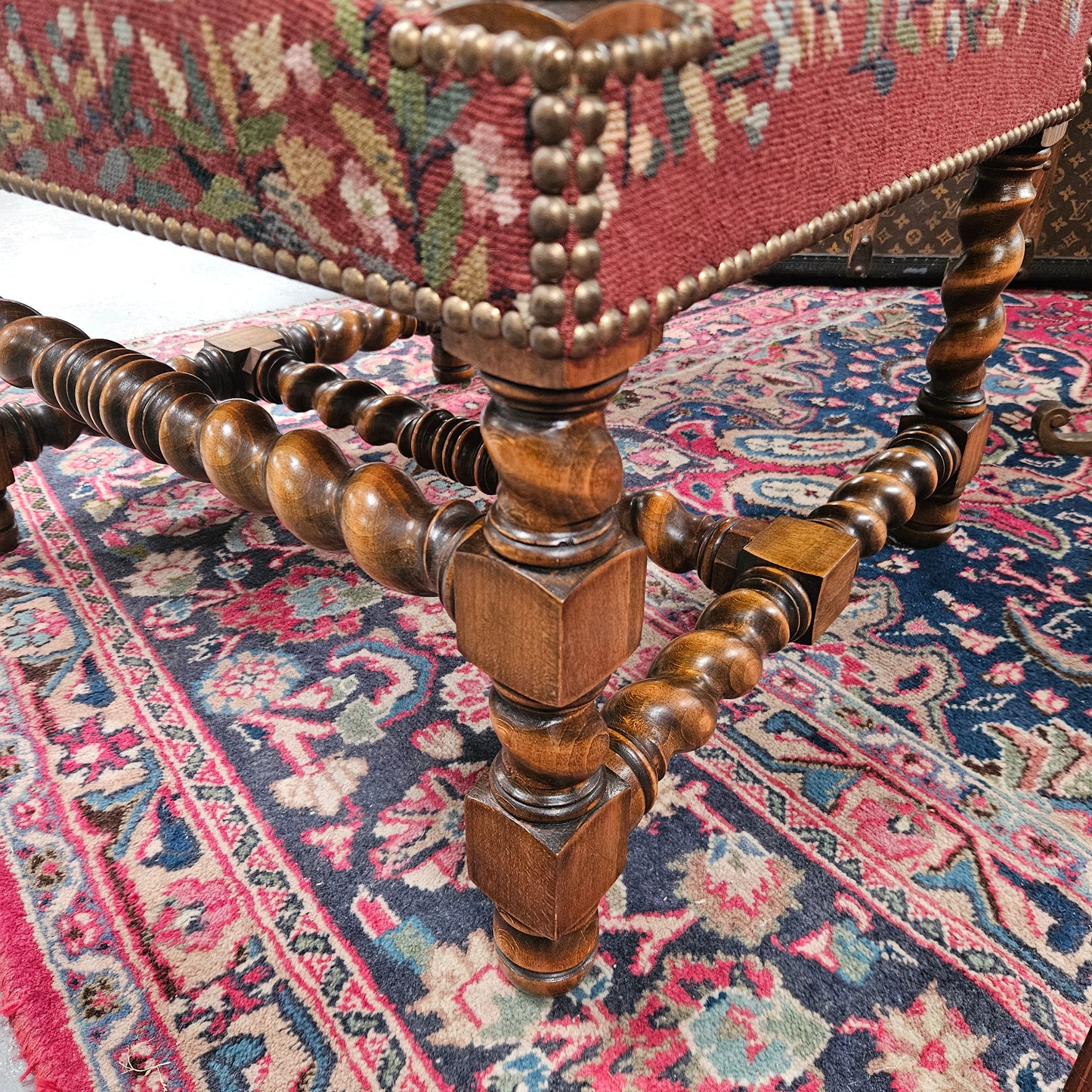 19th Century French Carved Walnut & Tapestry Fireside/Throne Chair
