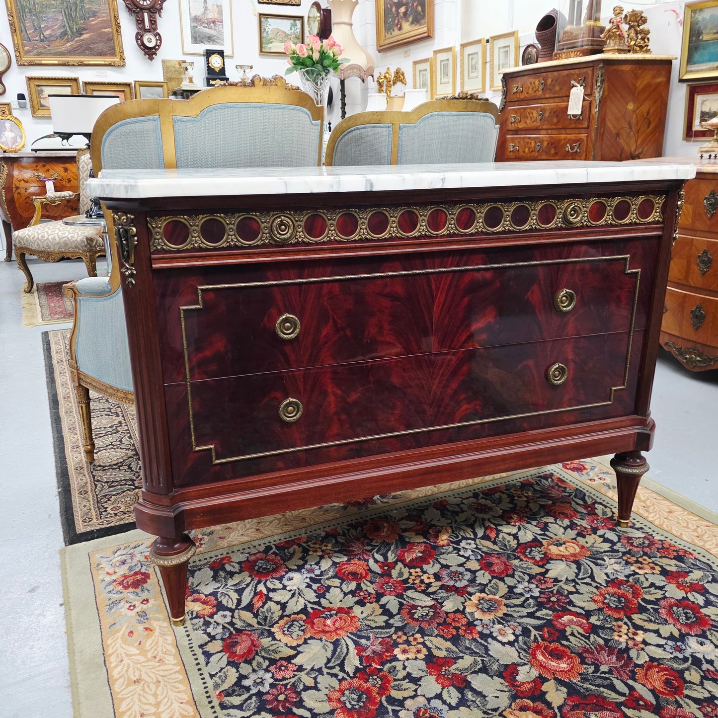 French Louis XVI Style Flame Mahogany Marble Top Commode