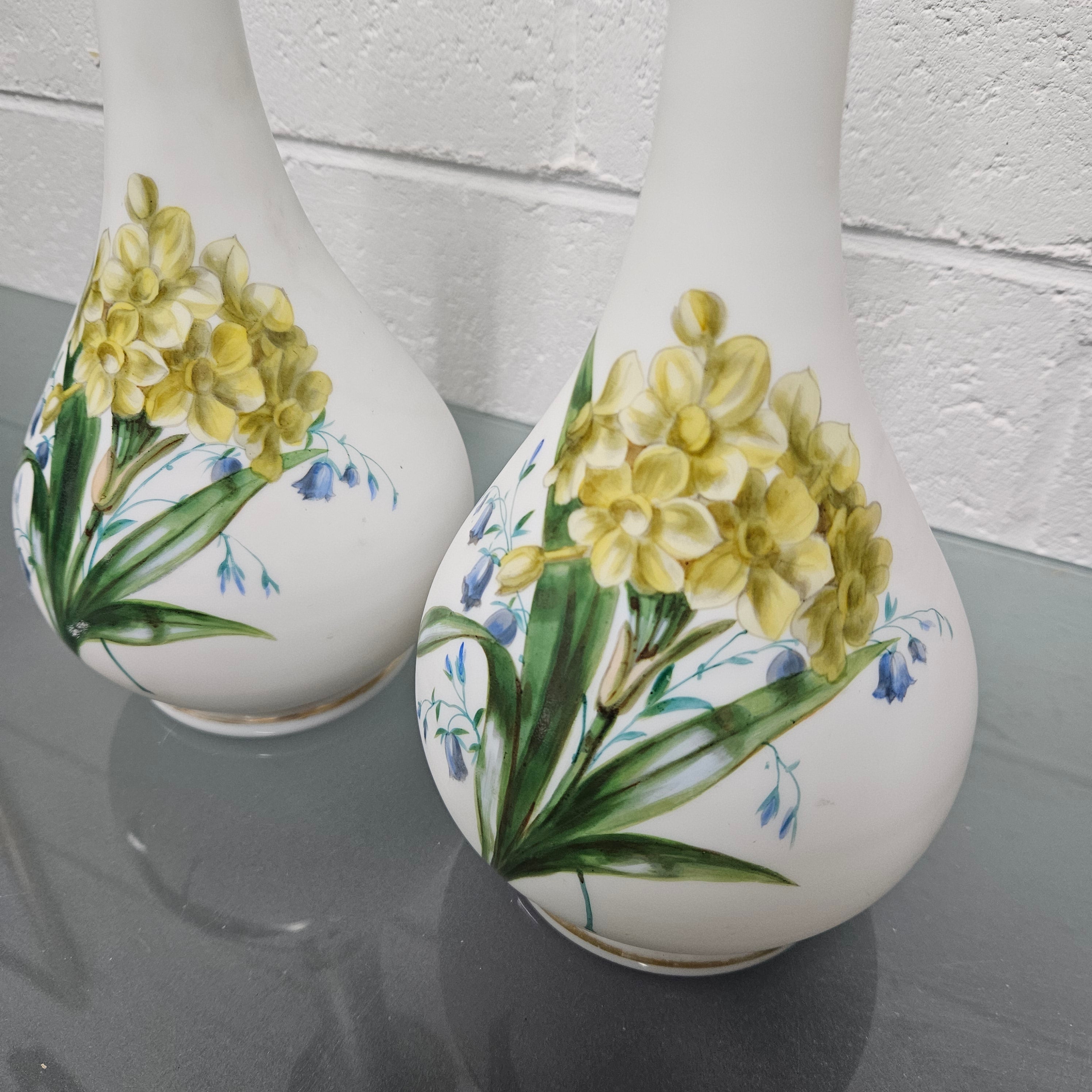Pair Of Hand Painted Antique Milk Glass Vases Featuring Daffodils | Antique & Vintage | Moonee Ponds Antiques | Australia Wide Delivery
