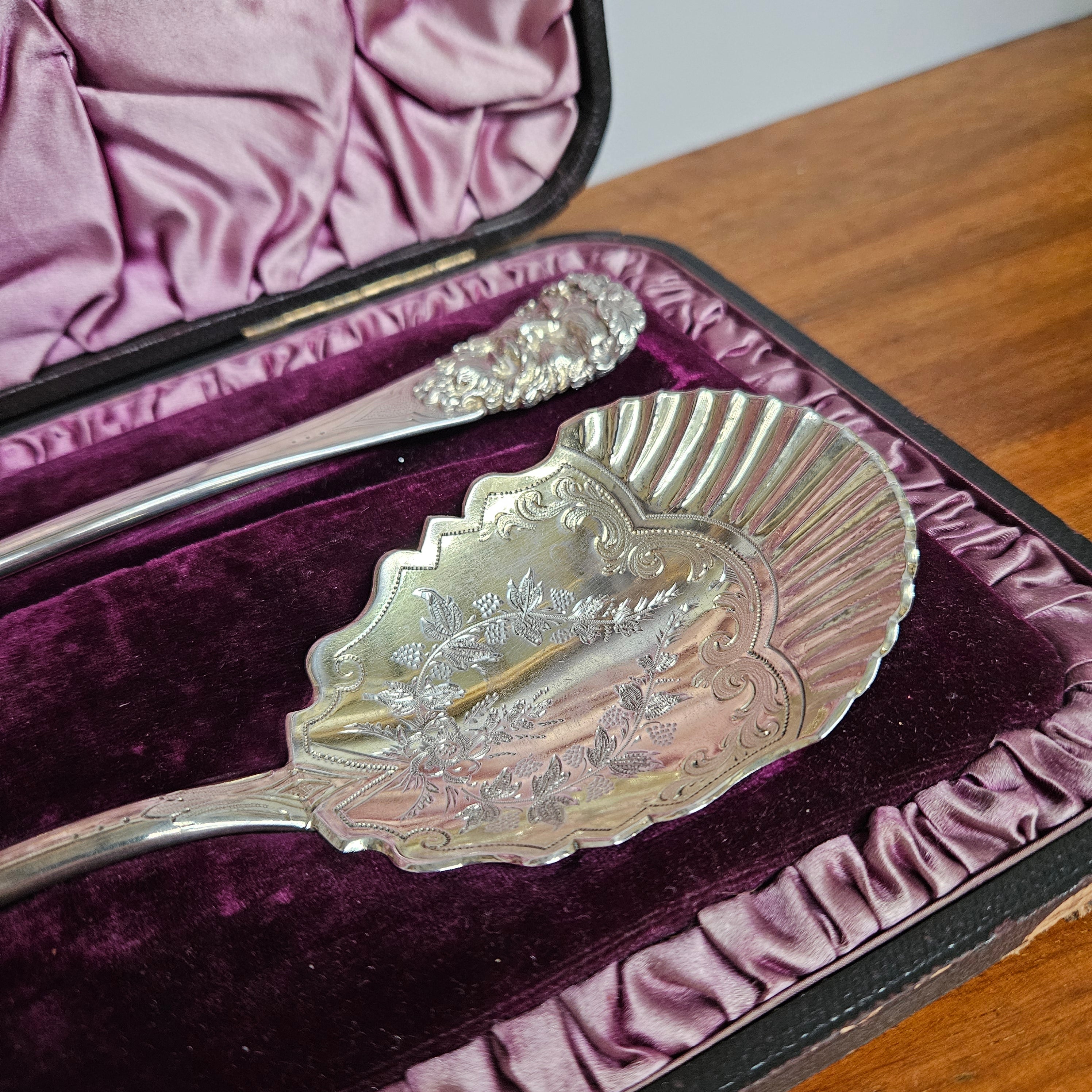Superior Pair of Solid Silver Georgian Berry Serving Spoons in Case
