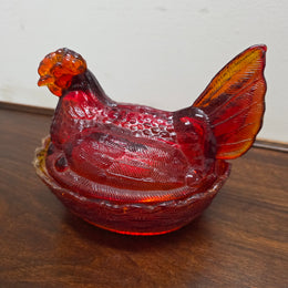 Vintage Amberina Glass Hen on Nest