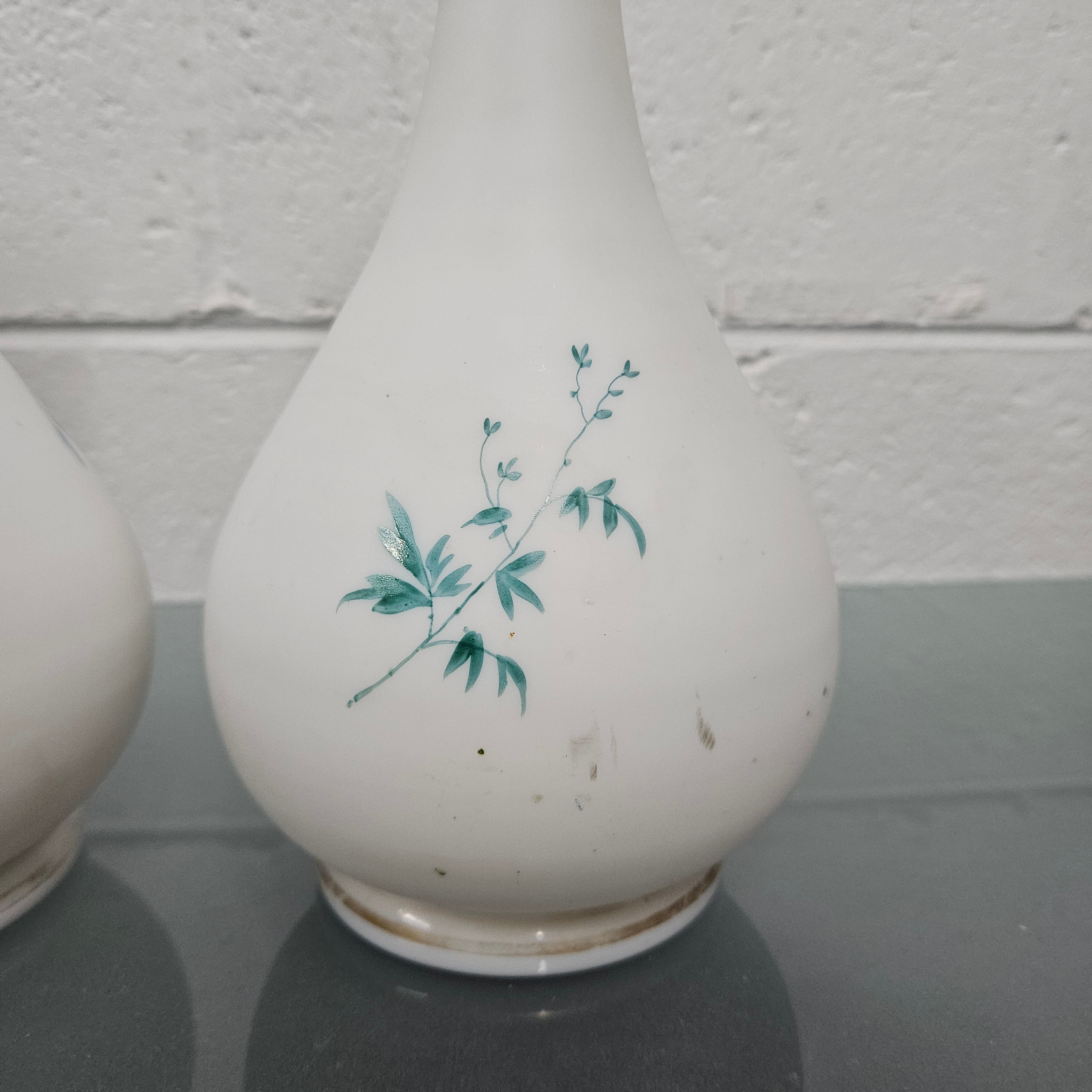 Pair Of Hand Painted Antique Milk Glass Vases Featuring Daffodils | Antique & Vintage | Moonee Ponds Antiques | Australia Wide Delivery