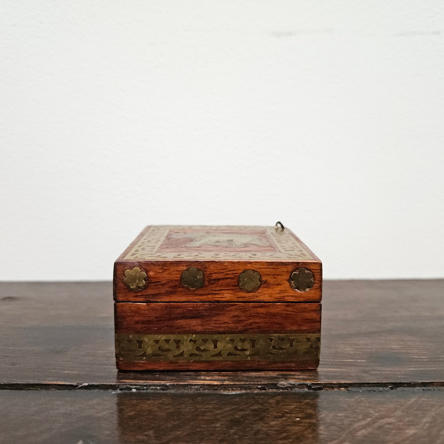 Vintage Brass Inlaid Wooden Hinged Trinket Box