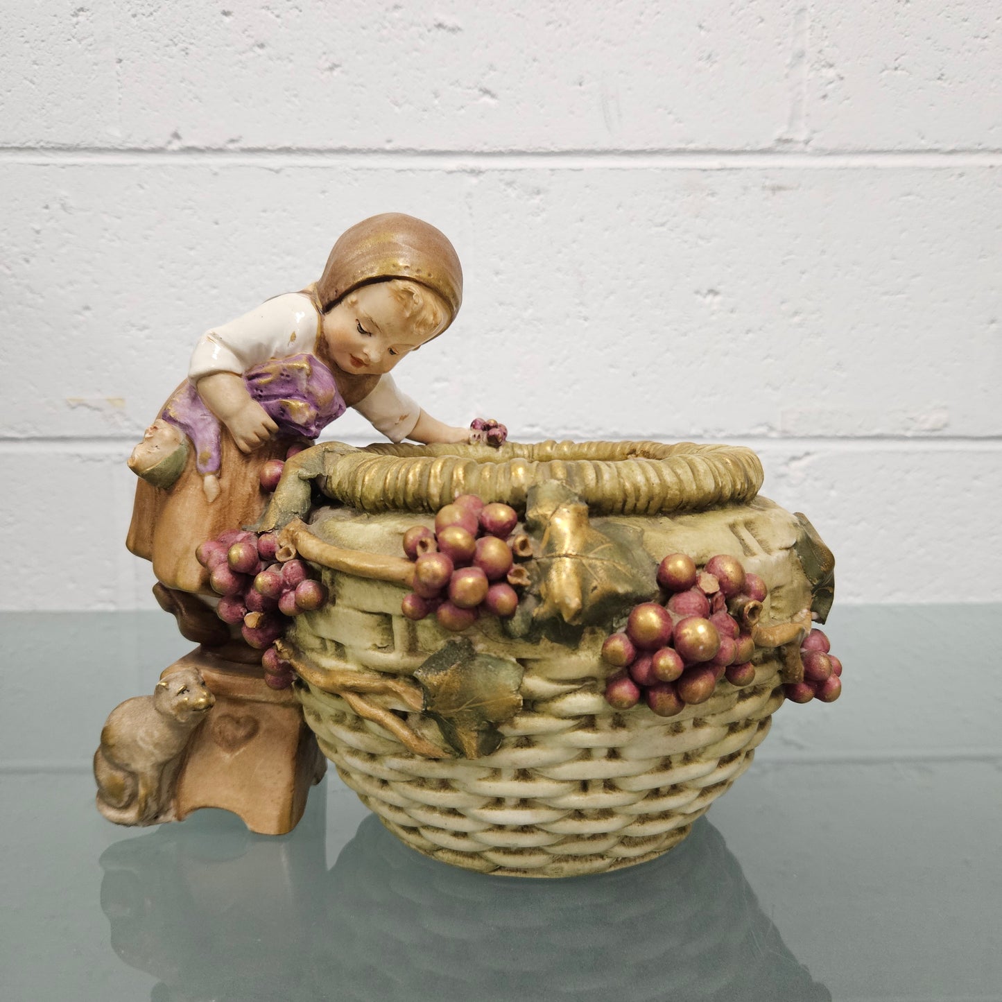 Antique Amphora  Bowl with Girl & Cat & Doll