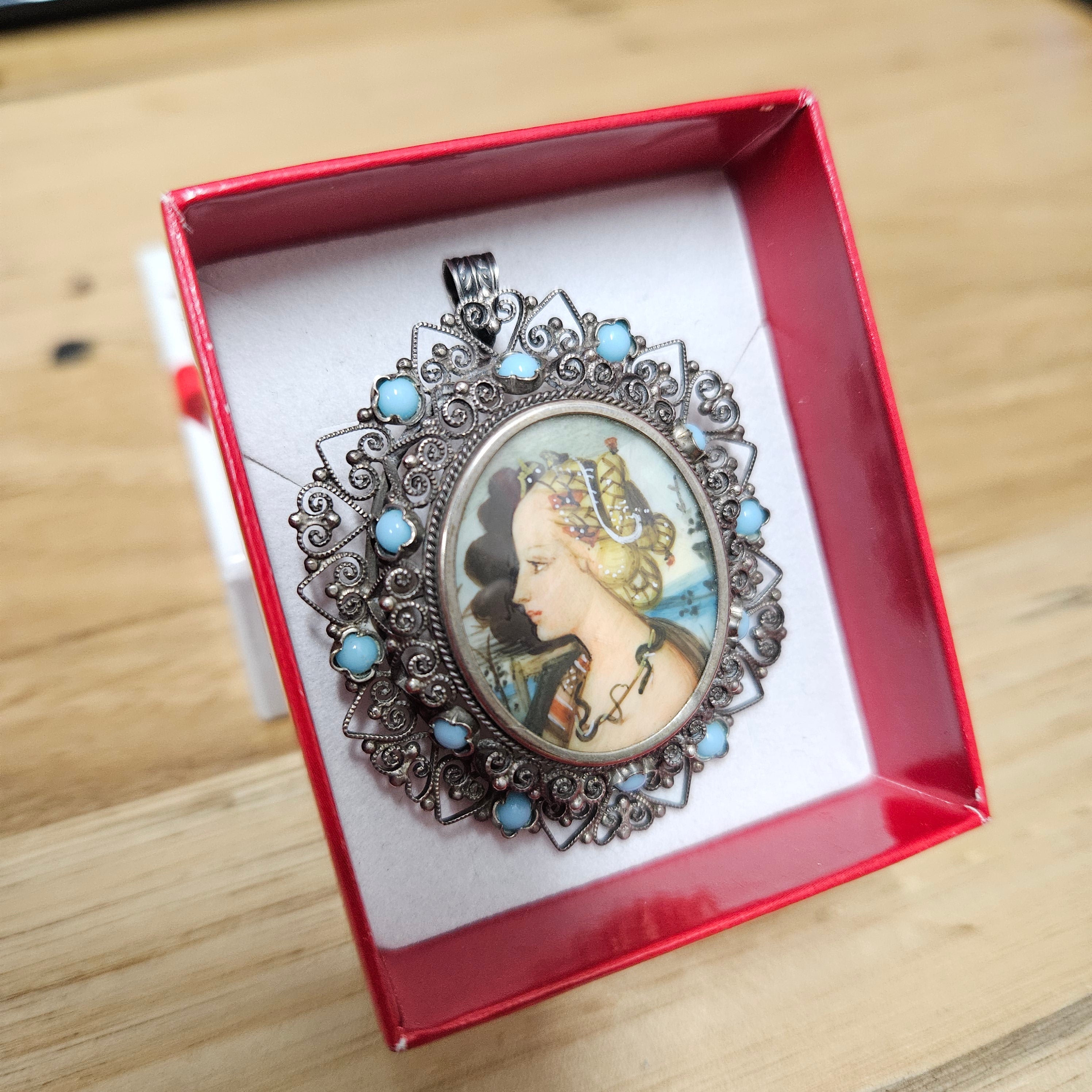 Vintage Silver (800) Filigree Frame With Stunning Hand Painted Portrait Of A Lady