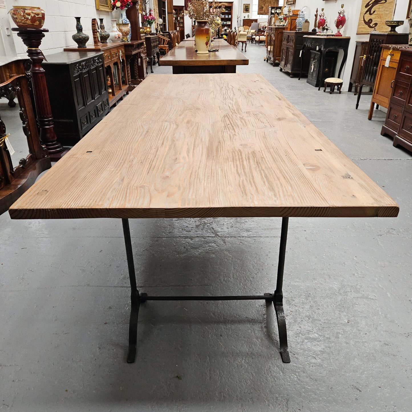 Trestle Dining Table With Reclaimed Pine Top And Antique Wishbone Industrial Iron Legs