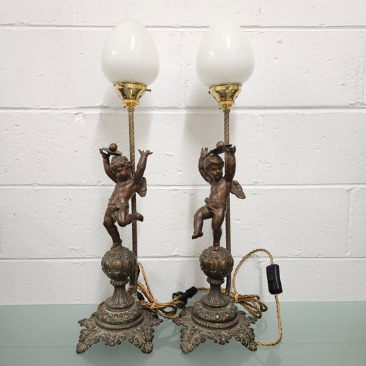 Antique Pair of Decorative Cherub Table Lamps