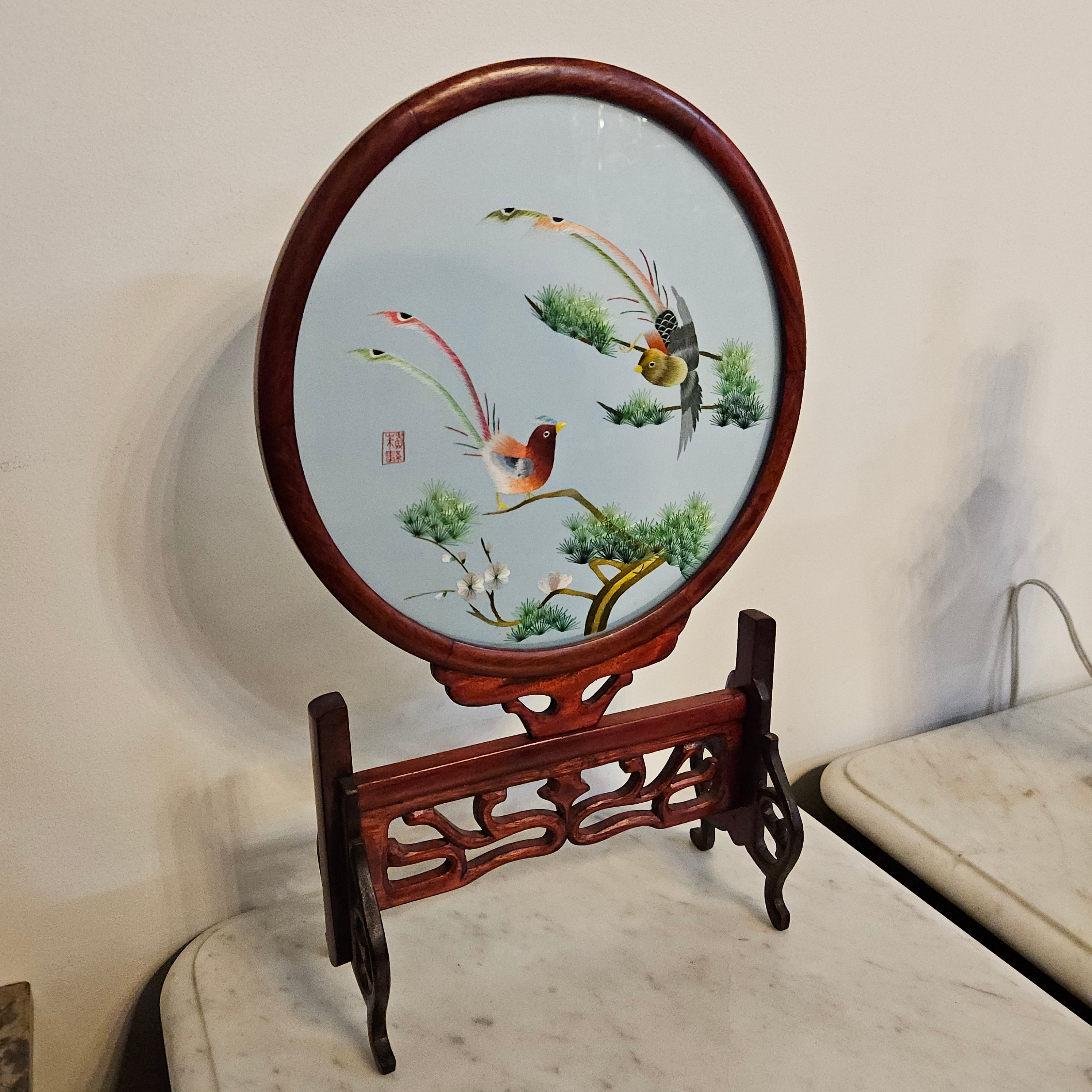 Vintage Chinese Screen on Rosewood Stand | Antique & Vintage | Moonee Ponds Antiques | Australia Wide Delivery