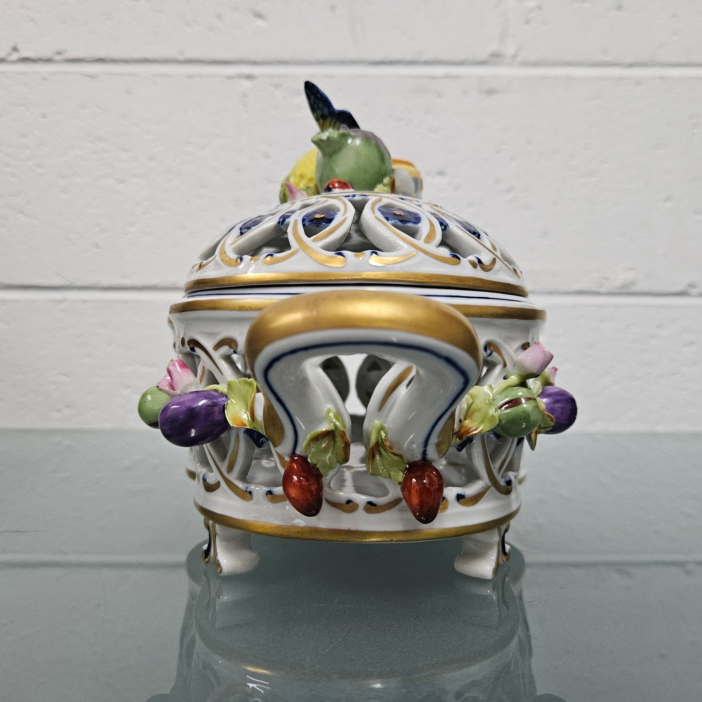 Vintage Servre Style Potpourri Holder With Fruit & Insects