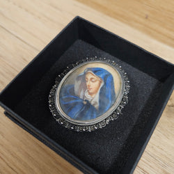 Vintage Hand Painted Portrait Of Our Lady Of Sorrows  In A Silver (800) Frame