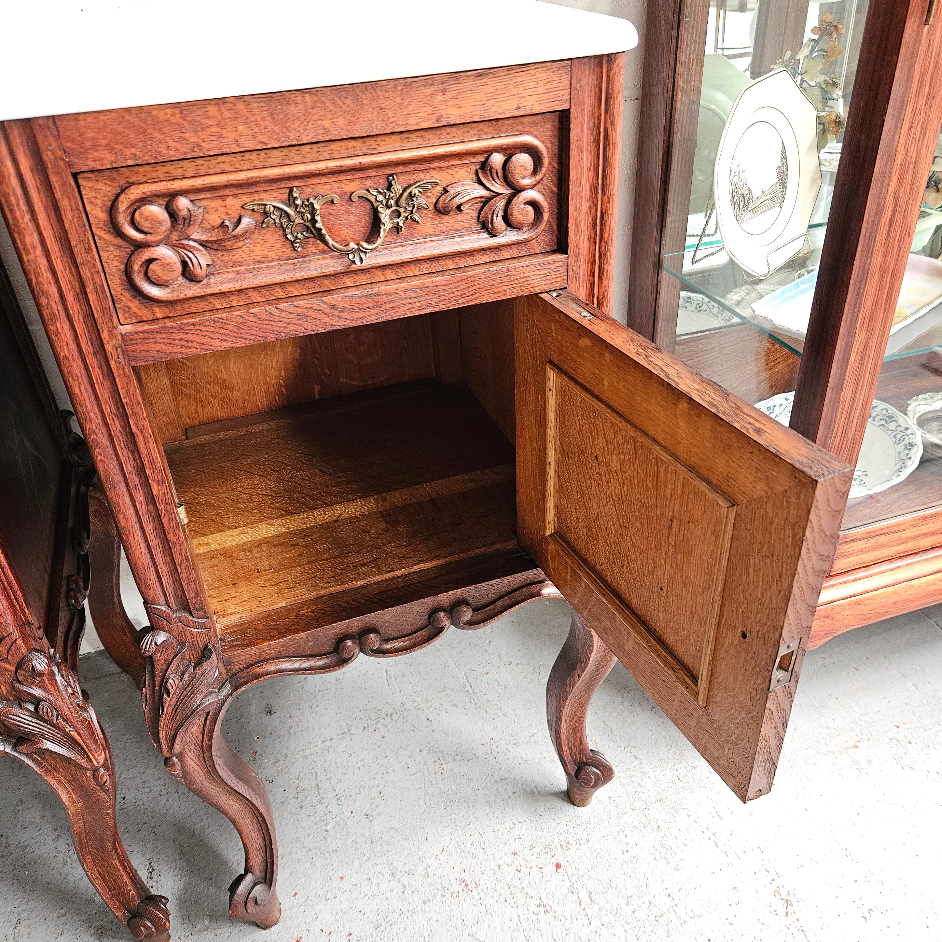Pair of Louis XV Style White Marble Top Bedside Cabinets | Antique & Vintage | Moonee Ponds Antiques | Australia Wide Delivery
