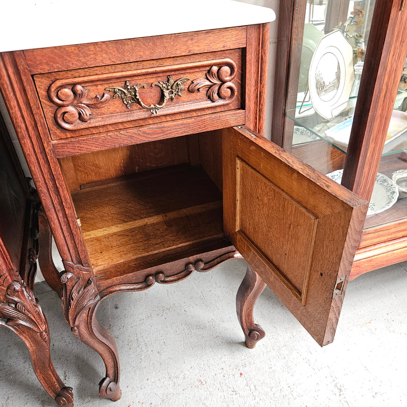 Pair of Louis XV Style White Marble Top Bedside Cabinets