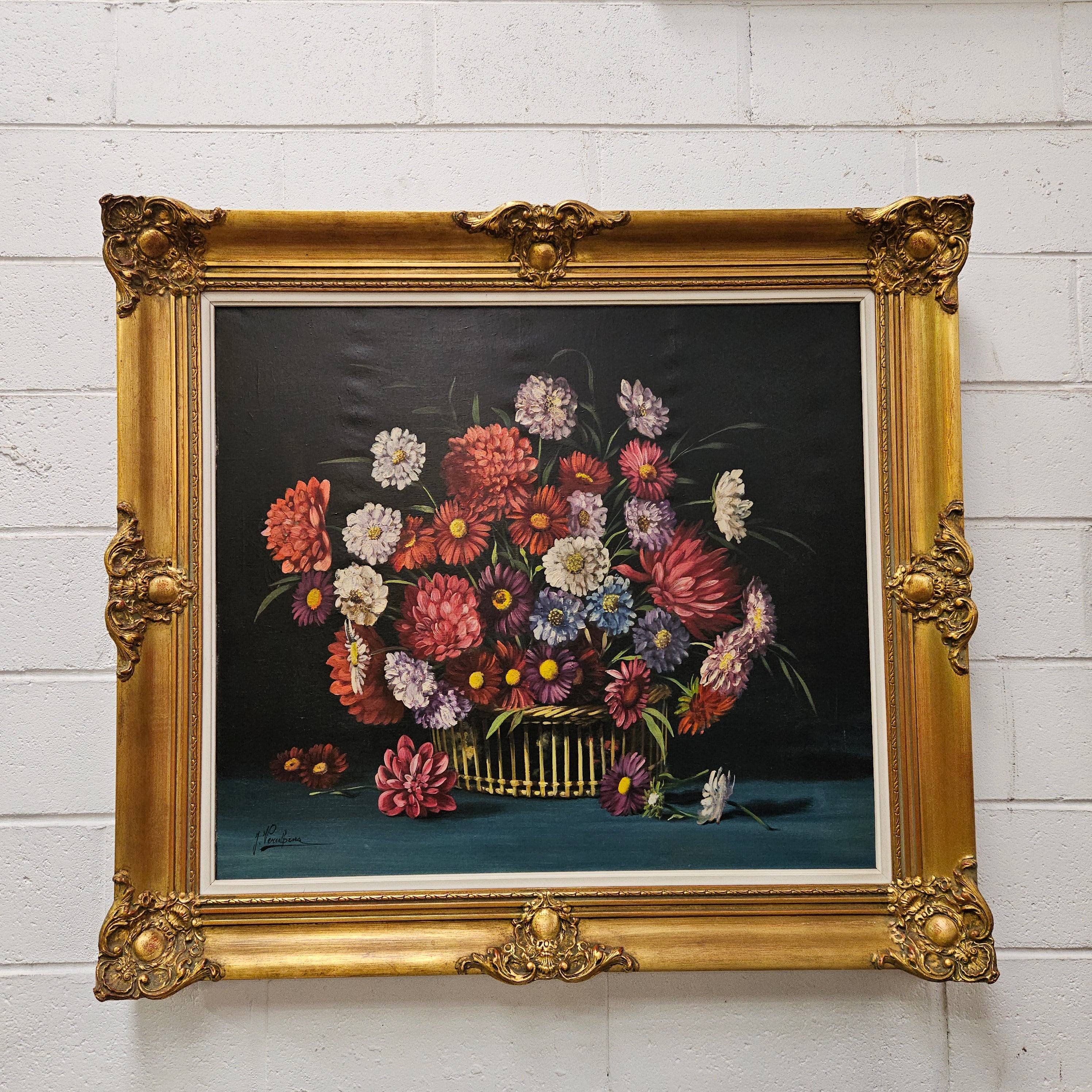 Vibrant Signed Floral Oil on Canvas in Gilt Frame