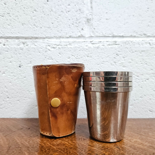 Antique Set Of Stirrup Cups In Leather Case