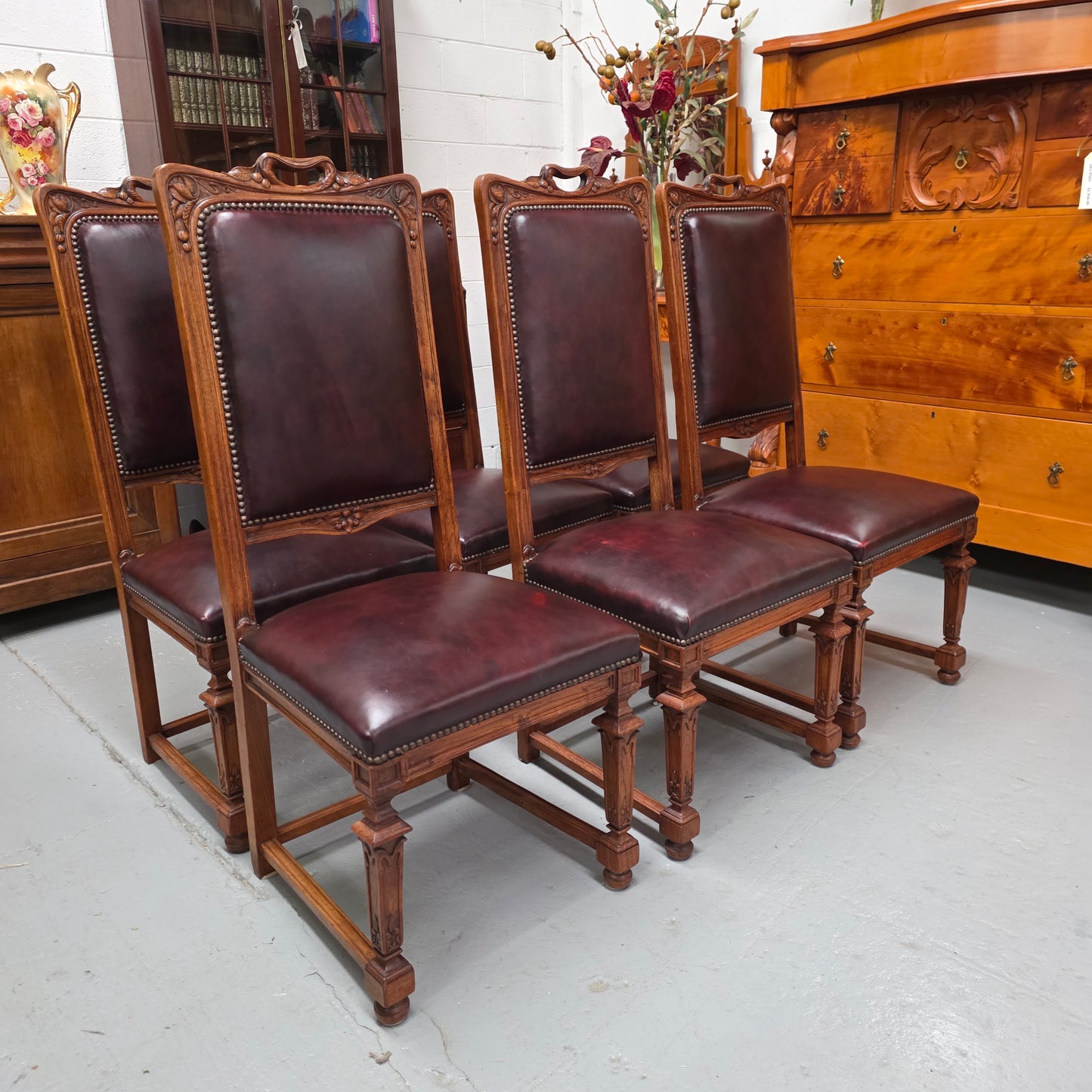 Set of Six Art Nouveau Style Faux Leather Dining Chairs