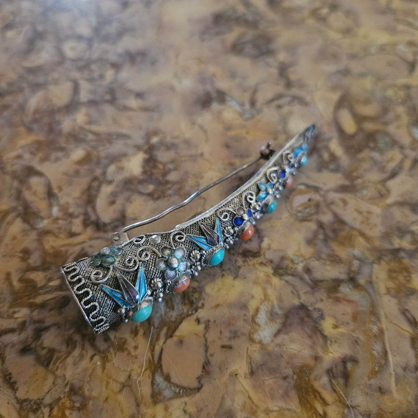 Antique Silver Filigree Chinese Finger Guard Brooch