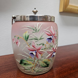 Edwardian Glass Enamel Decorated Biscuit Barrel