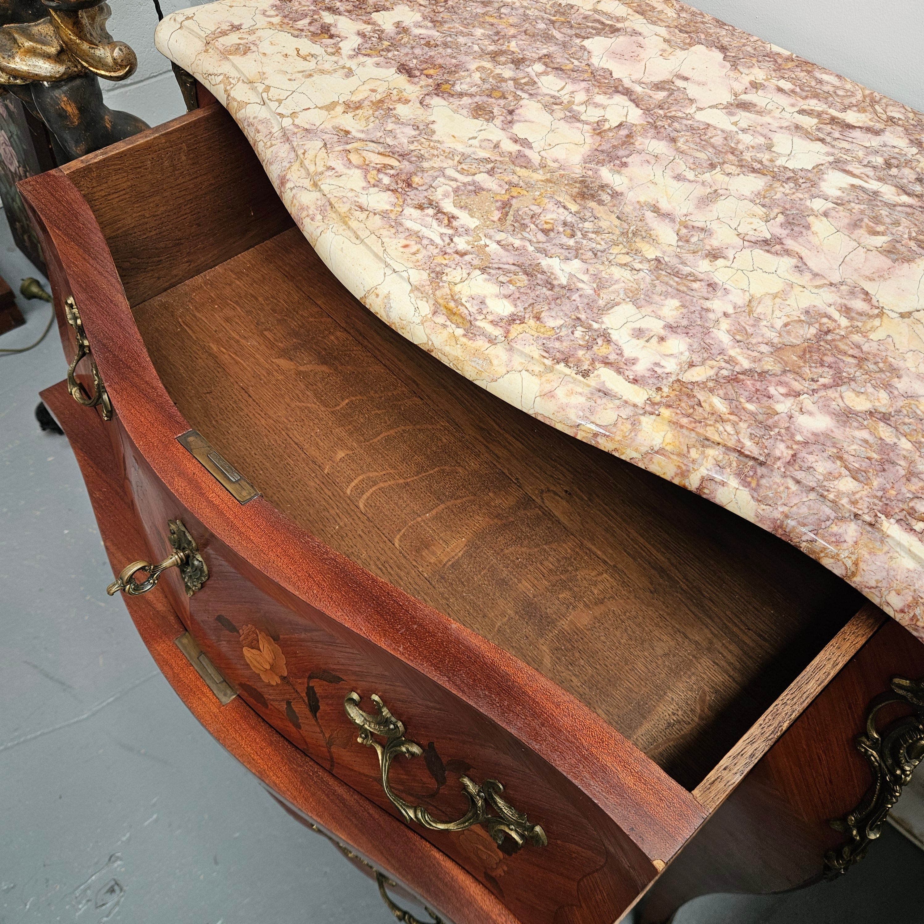 Louis 15th Style Medium Size Marquetry Inlay Marble Top Commode. | Antique & Vintage | Moonee Ponds Antiques | Australia Wide Delivery