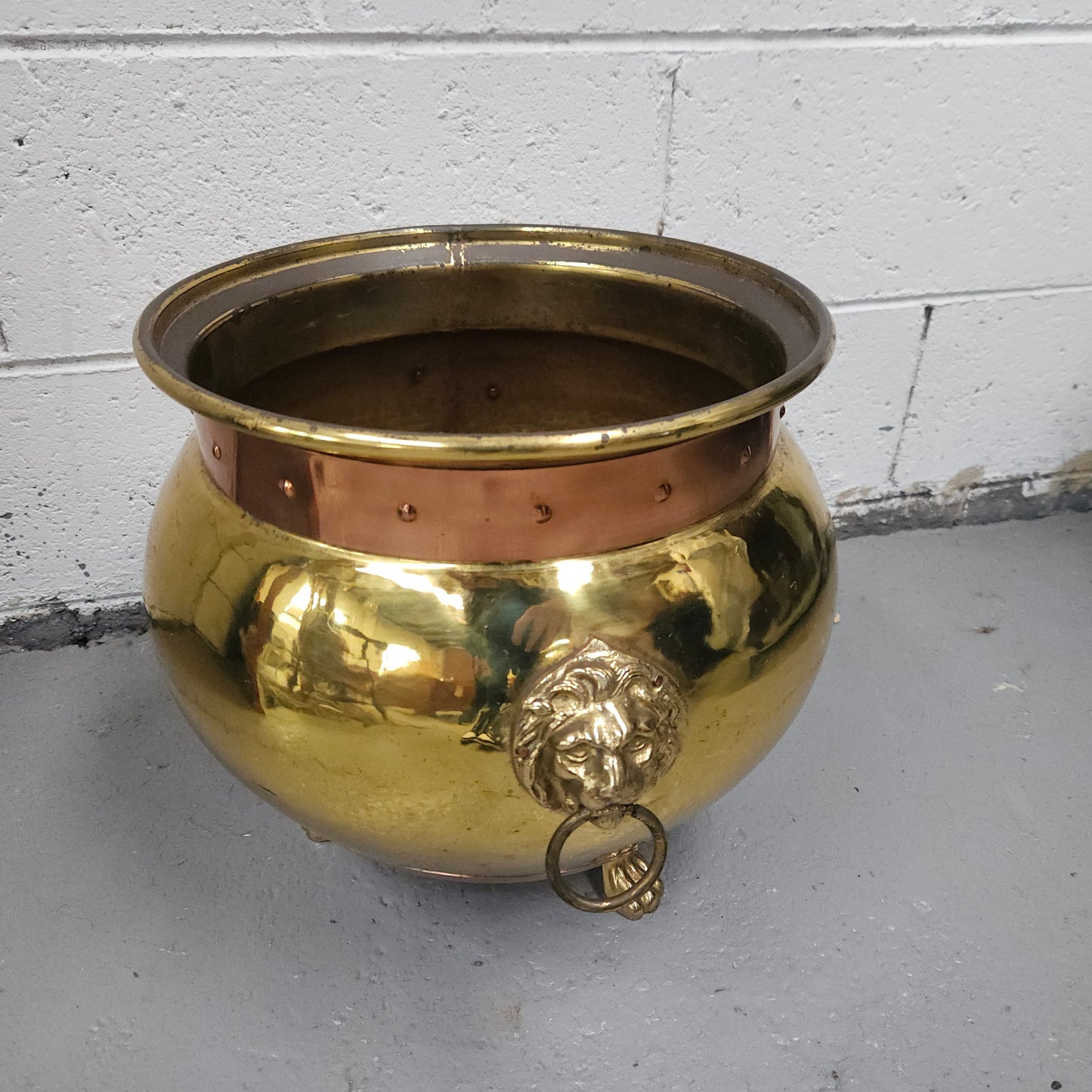 French Brass and Copper Lion Head Jardinière