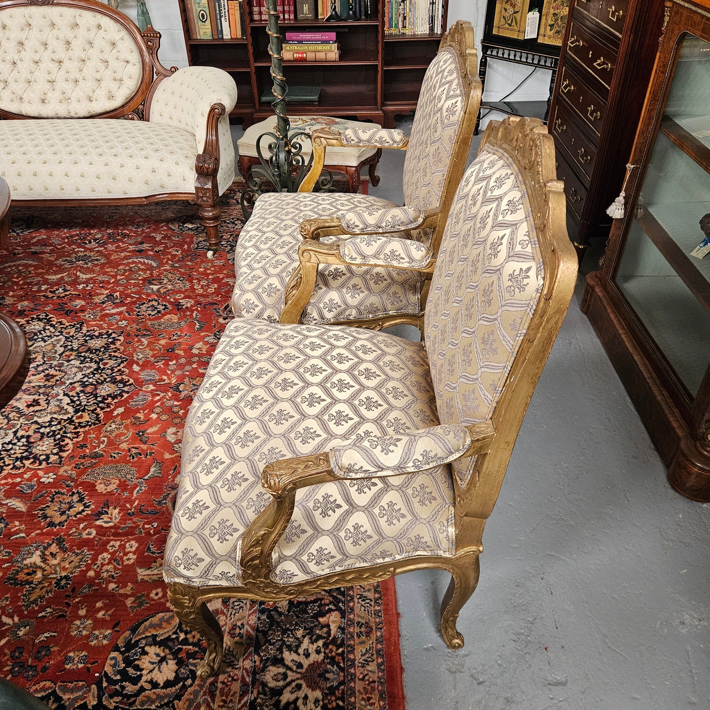 Antique Pair Reupholstered Louis XVth Style Giltwood Armchairs