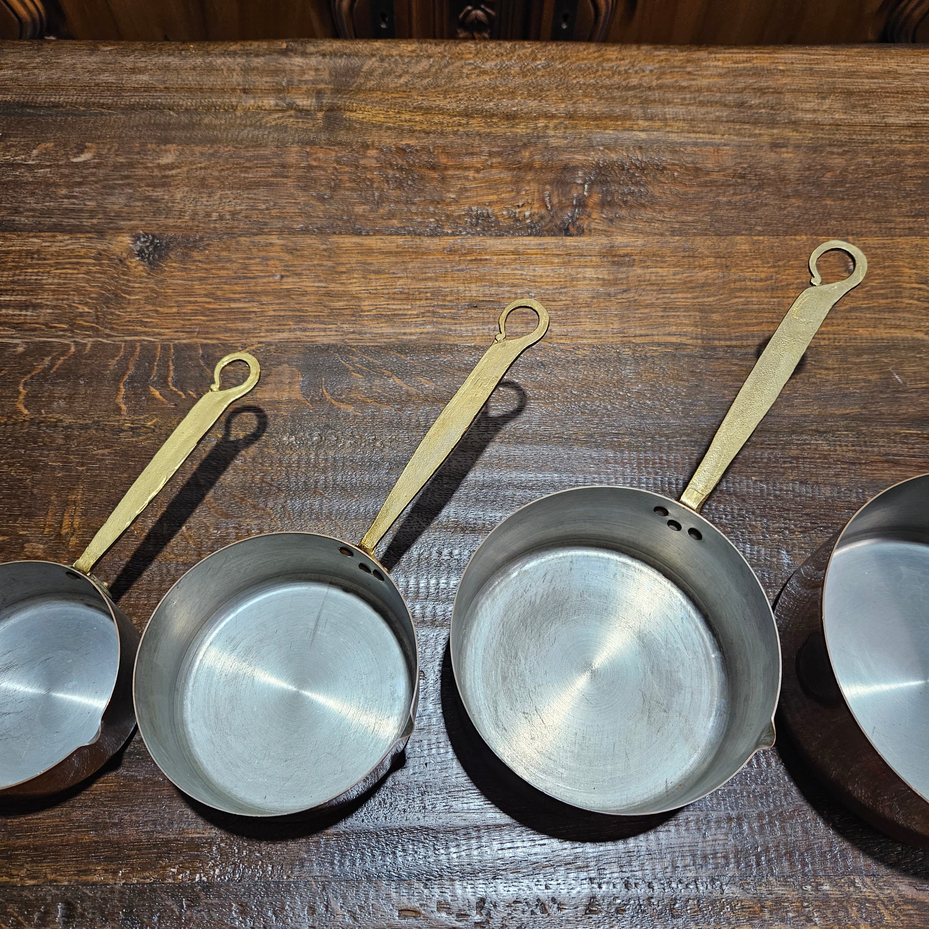 Set of Five French Copper Saucepans With Pouring Spout