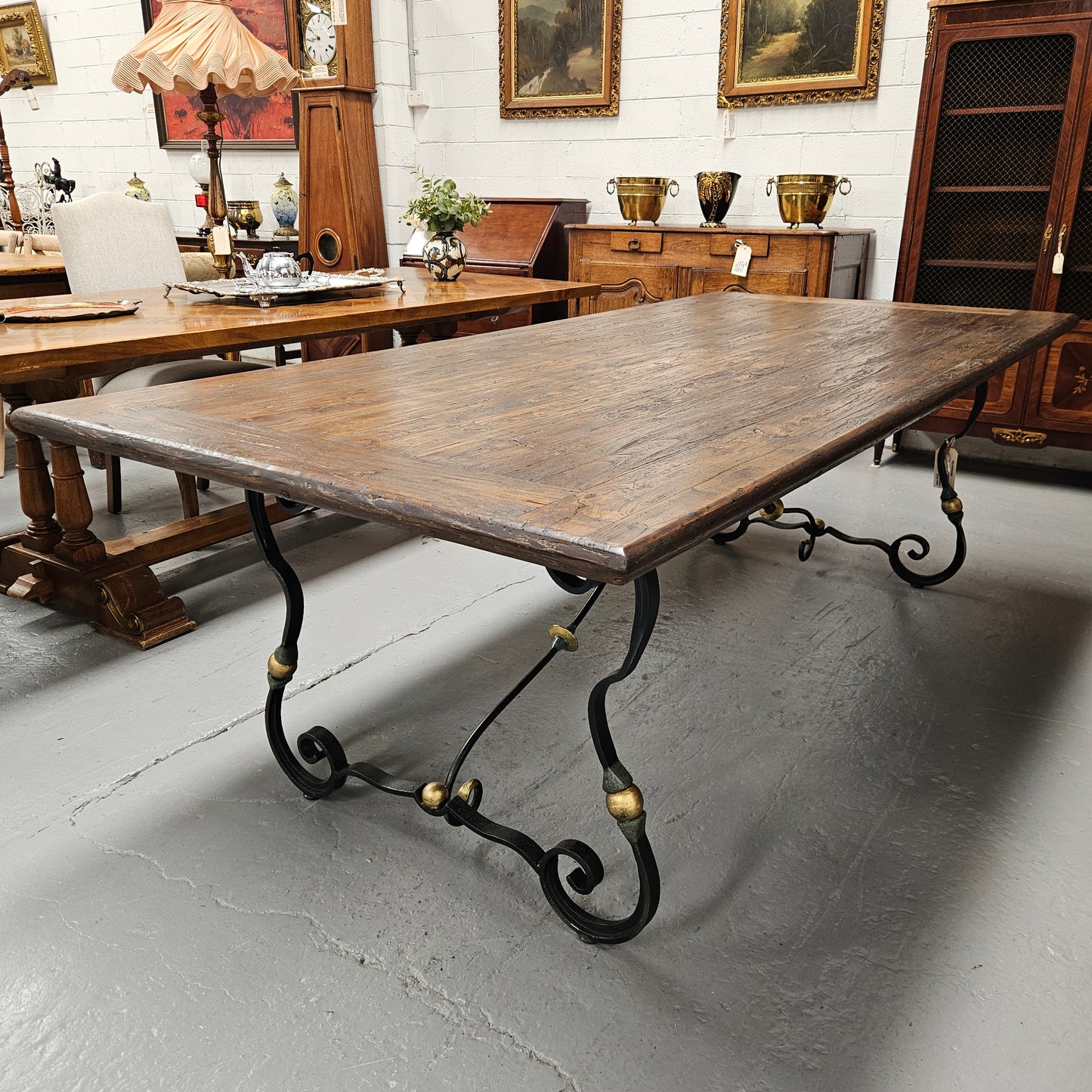 Vintage Elm Wood Spanish Style Refectory Table Wrought Iron Base