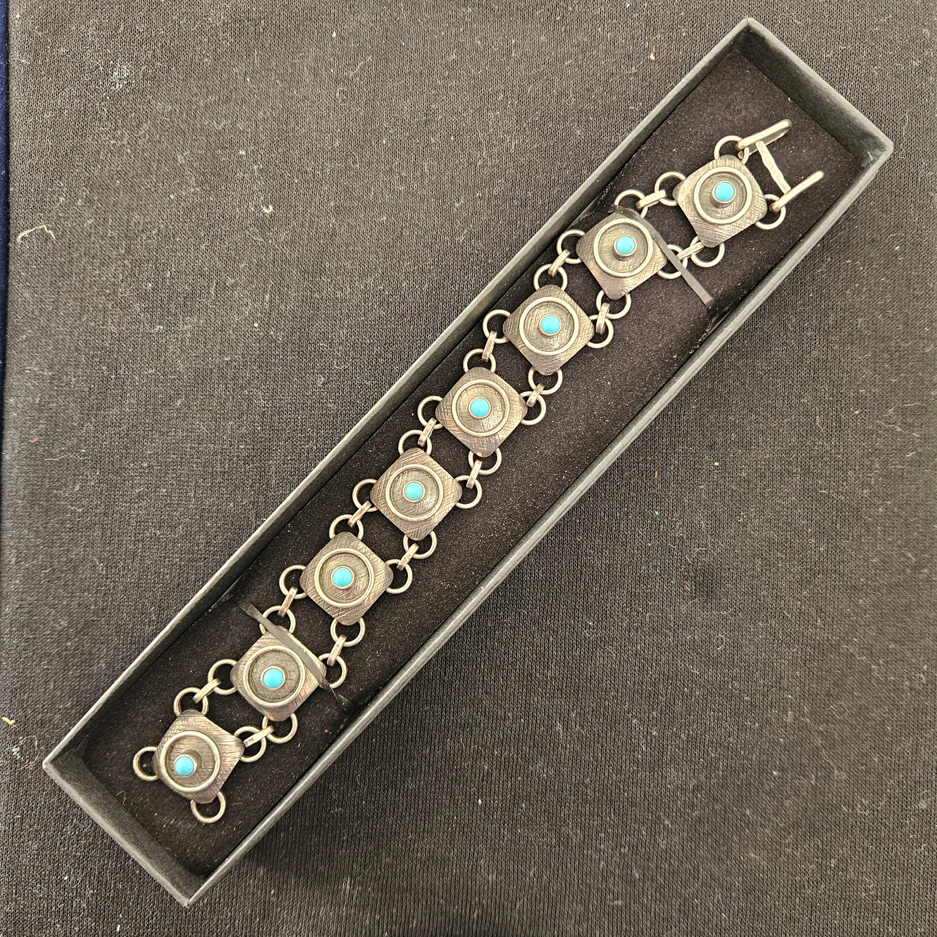 Vintage Silver "800" Modernist Bracelet set with Cabochon Turquoise. Maker ORNO Warsaw.