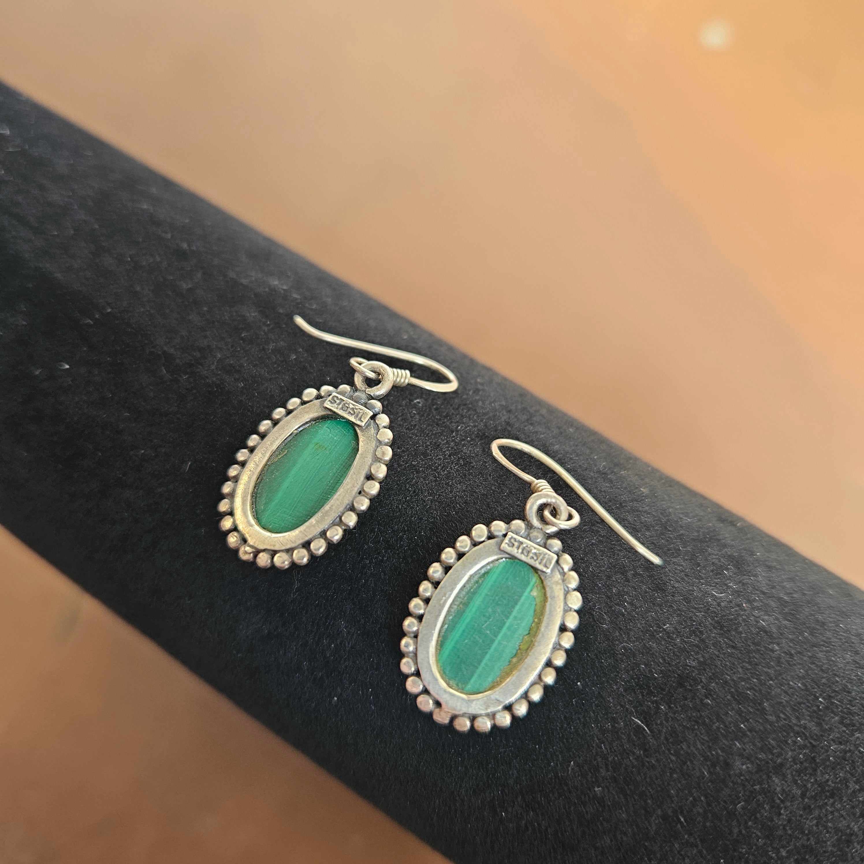 Vintage Oval Malachite & Sterling Silver Drop Earrings