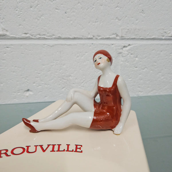 Unusual vintage female figure on large ceramic base. Souvenir Trouville De Normandie. Circa: 1950's.&nbsp; Could be used for keys, change or decoration. In good original condition.