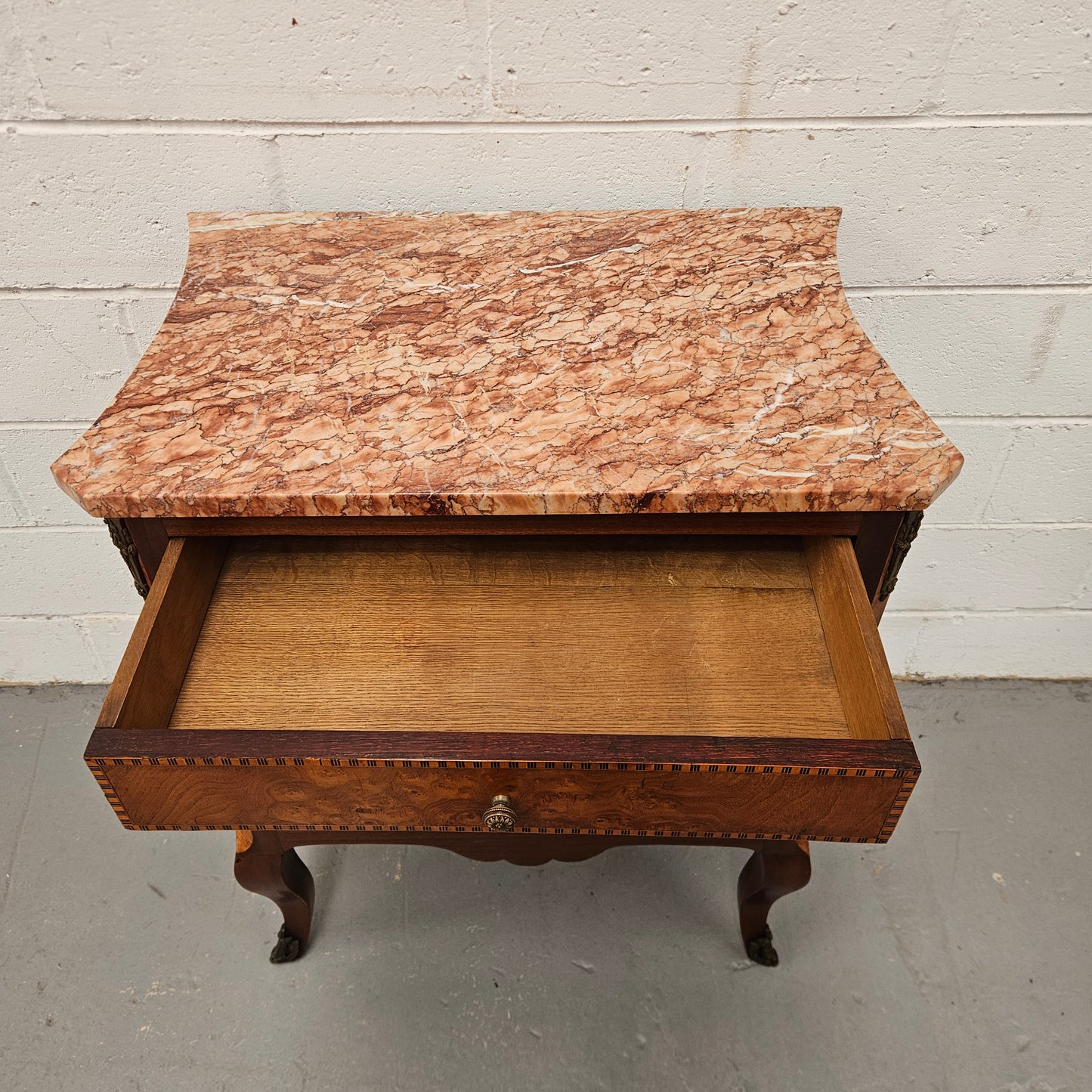 French Burr Walnut & Walnut Marble Top Side Cabinet
