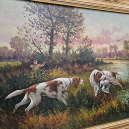 Sourced from France we have a beautiful signed oil on canvas "hunting scene" painting. In a decorative gilt frame and in good original condition. Please see photos as they form part of the description and condition.