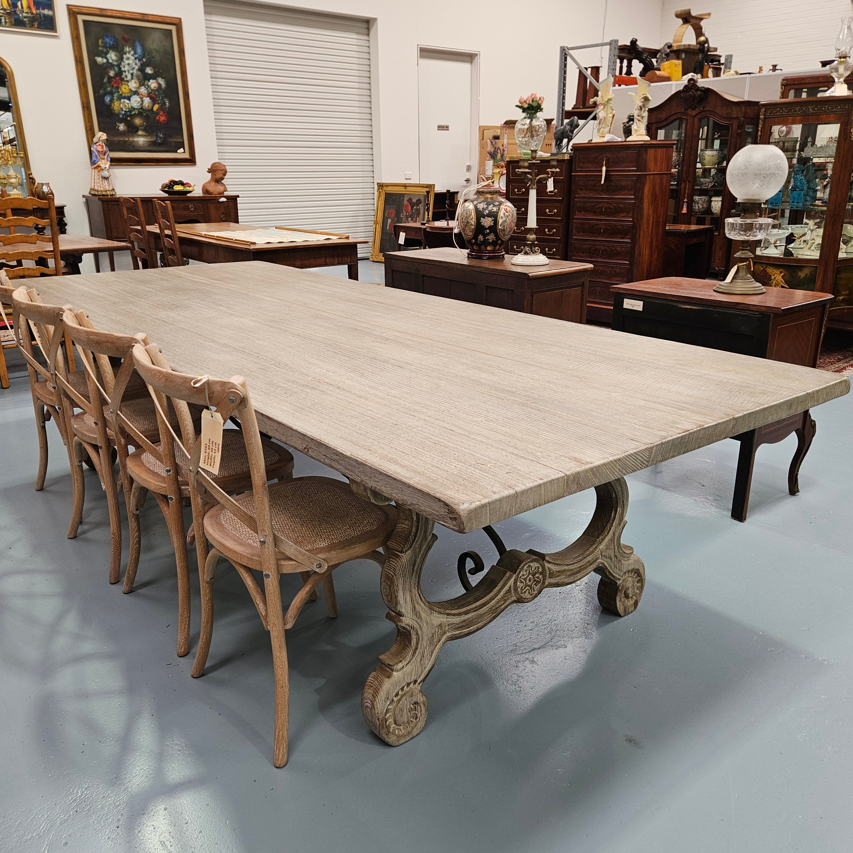 Large Antique French-Style Limewashed Dining Table